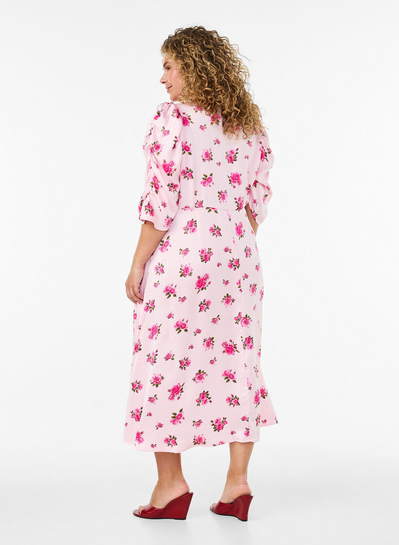 Robe midi &agrave; fleurs avec manches bouffantes, Rose, Model image number 1