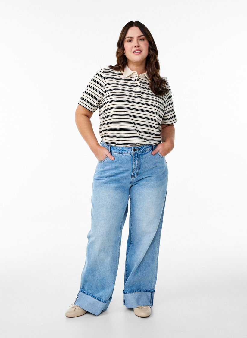 Polo rayé à manches courtes, Blanc, Model image number 1