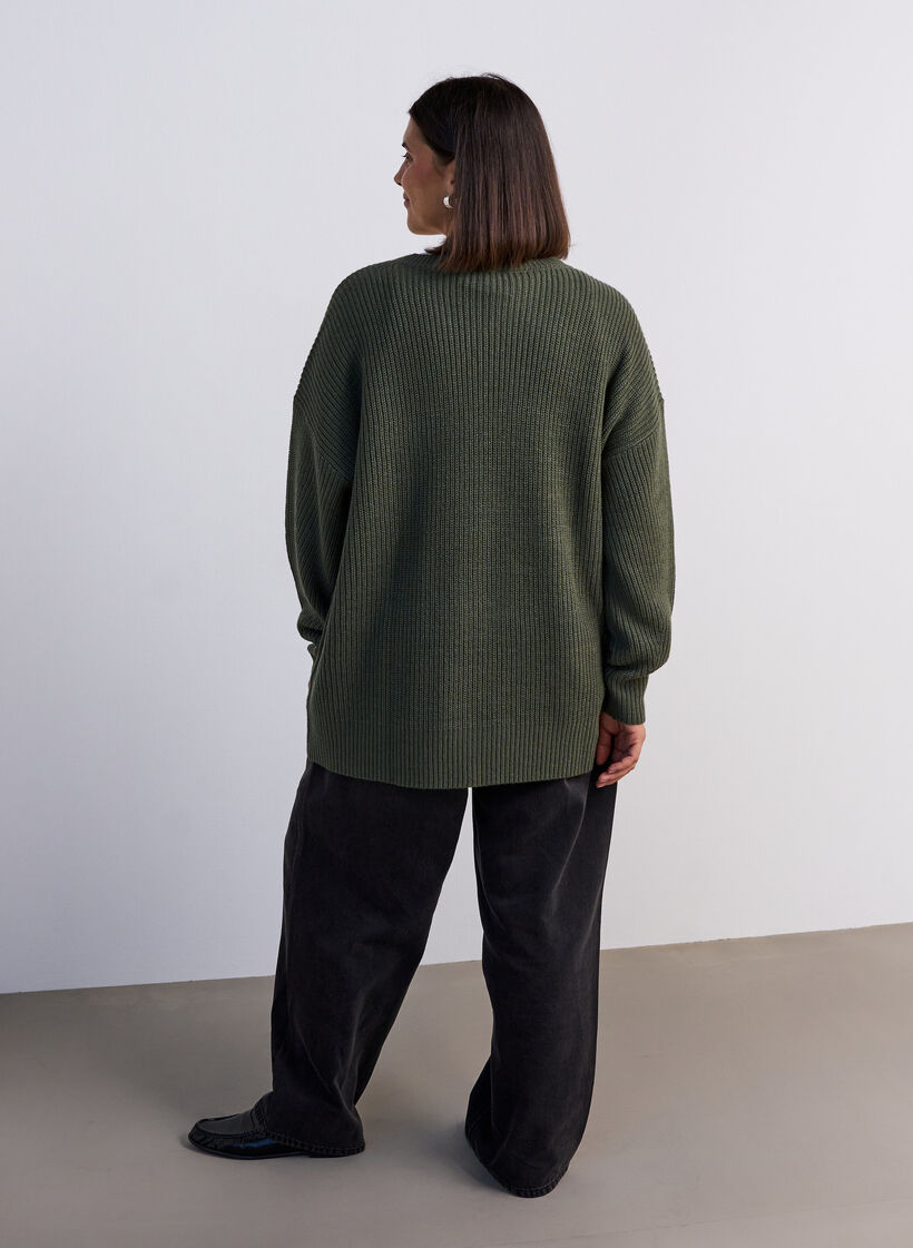 Lange Rippstrickbluse mit V-Ausschnitt, Gr&uuml;n, Model image number 2