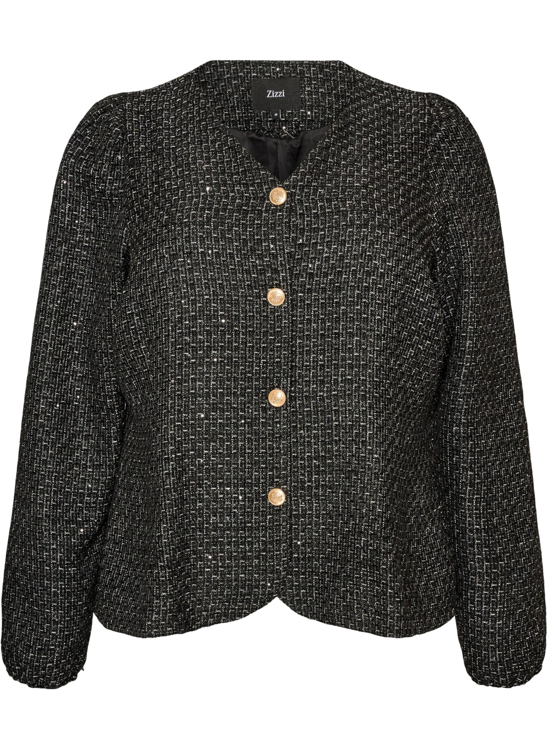 ZizziBoucl&eacute;-Jacke mit Pailletten und Zierkn&ouml;pfen, Schwarz, Packshot image number 0