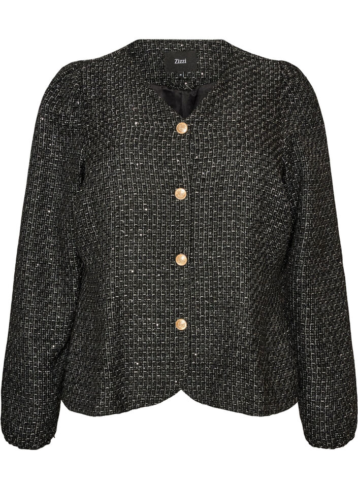 Boucl&eacute;-Jacke mit Pailletten und Zierkn&ouml;pfen, Schwarz, Packshot image number 0