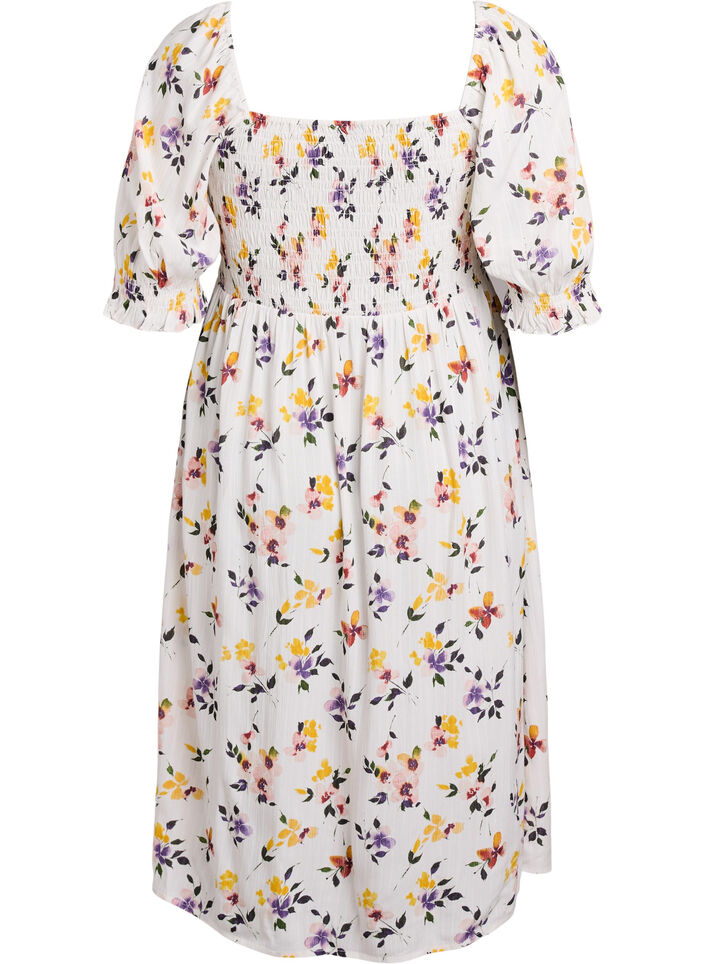 Robe midi en viscose &agrave; fleurs avec smock, Blanc, Packshot image number 1