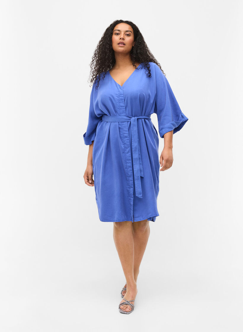 Kleid mit 3/4-&Auml;rmeln und Bindeband, Blau, Model image number 1