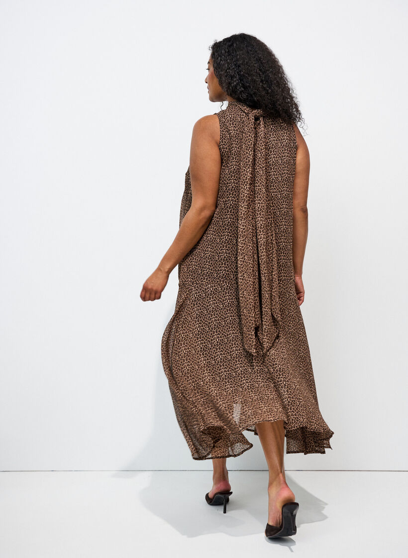 Robe midi en mousseline &agrave; imprim&eacute; l&eacute;opard avec ceinture &agrave; nouer, Marron, Model image number 1