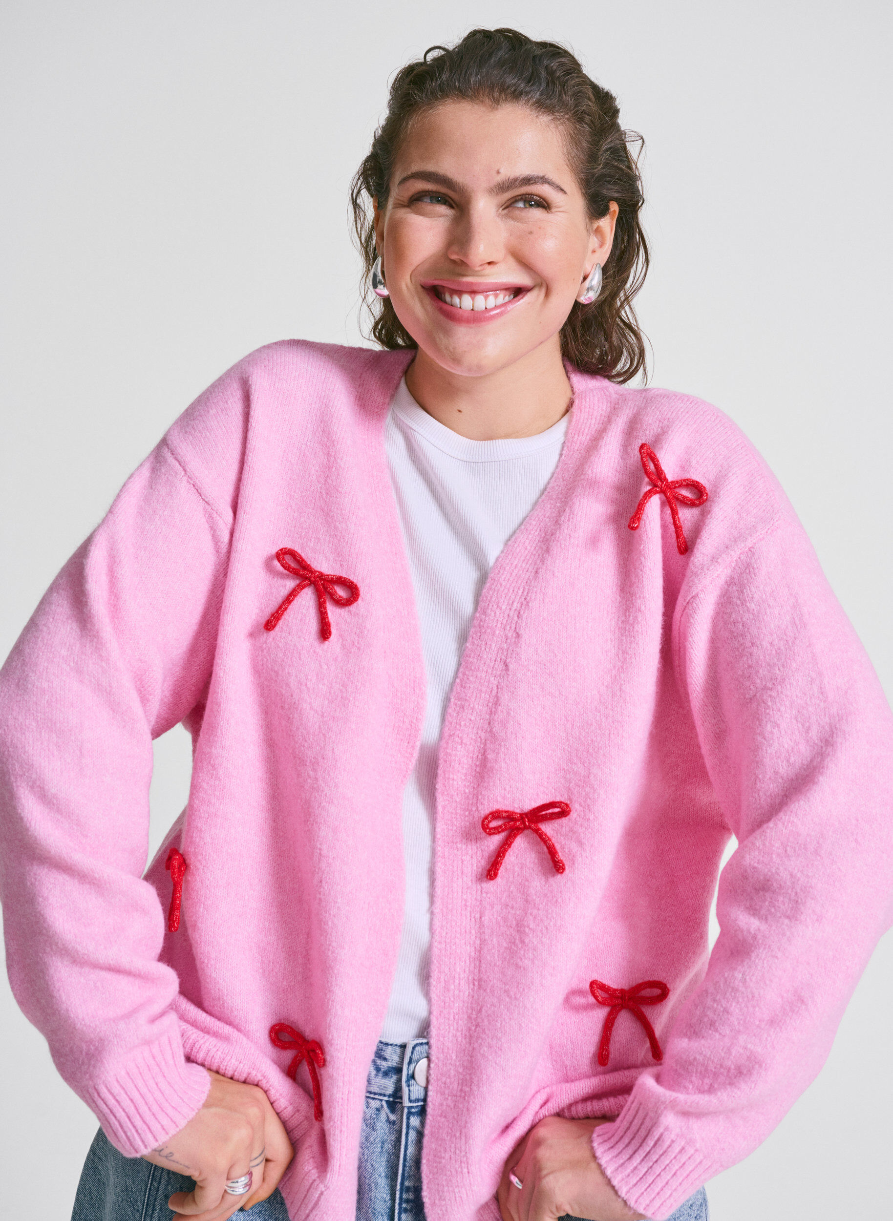 Zizzi Strickjacke aus Grobstrick mit Schleifenb&auml;ndern, Begonia Pink Comb, Image image number 0