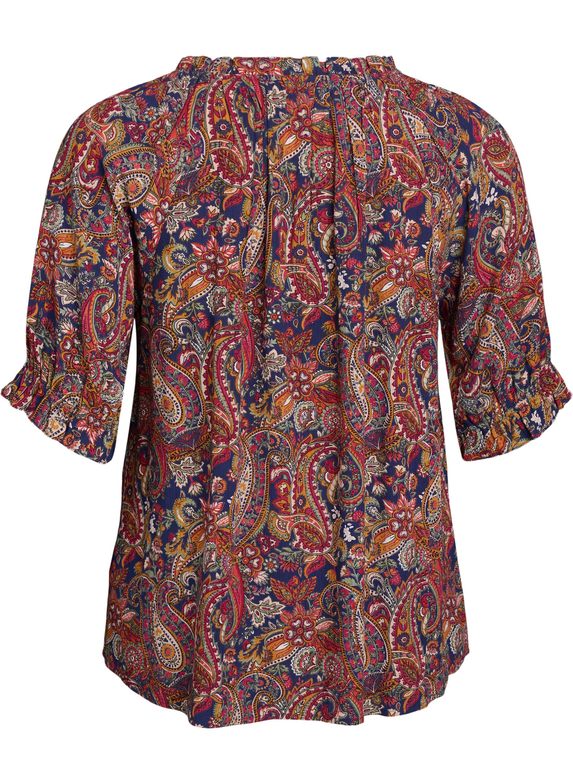 Zizzi Bluse aus Viskose mit Paisleymuster und Ellbogen&auml;rmeln, Blau, Packshot image number 1
