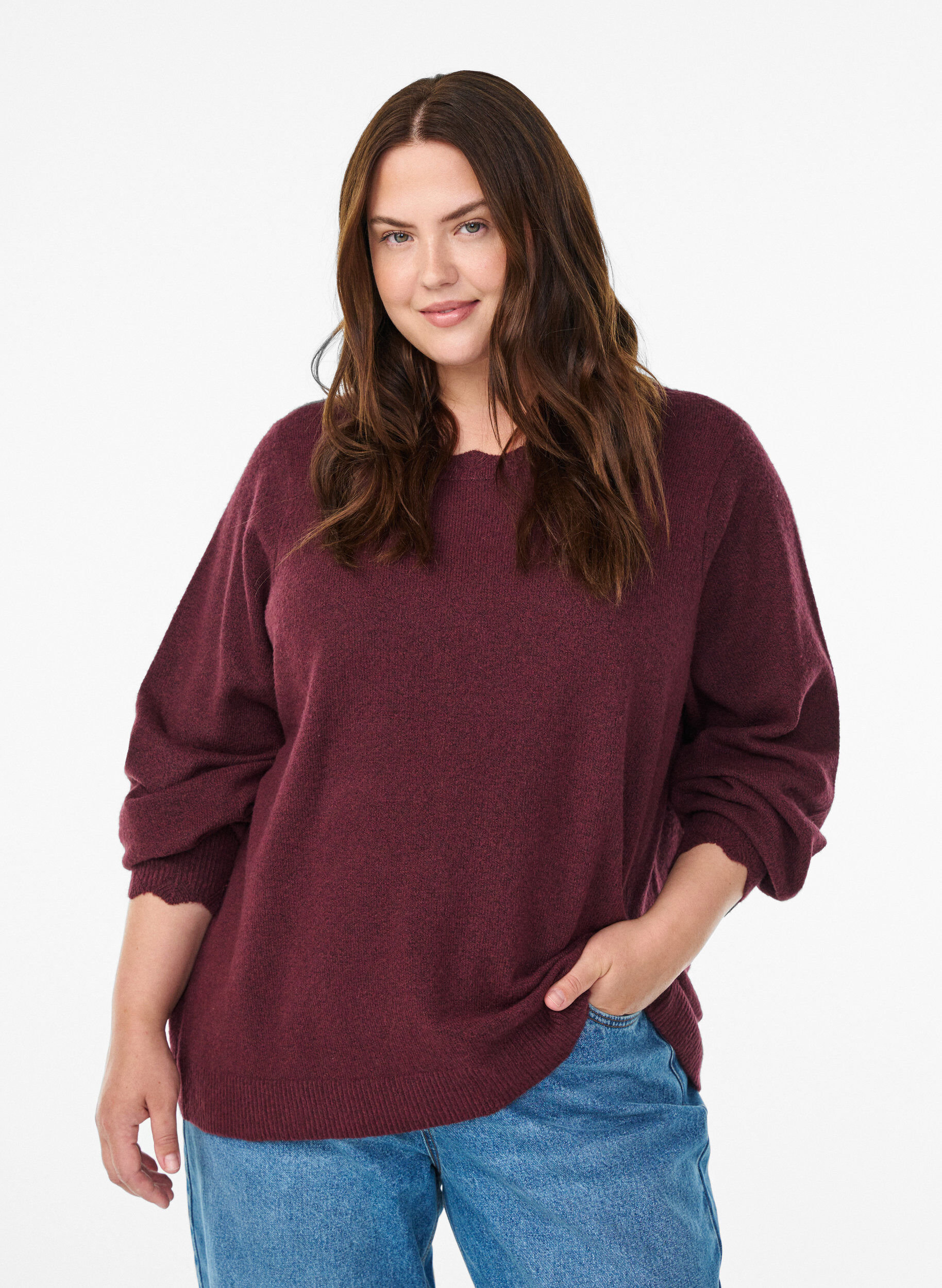 ZizziBlouse en maille &agrave; bords ondul&eacute;s, Bordeaux fonc&eacute;, Model image number 0
