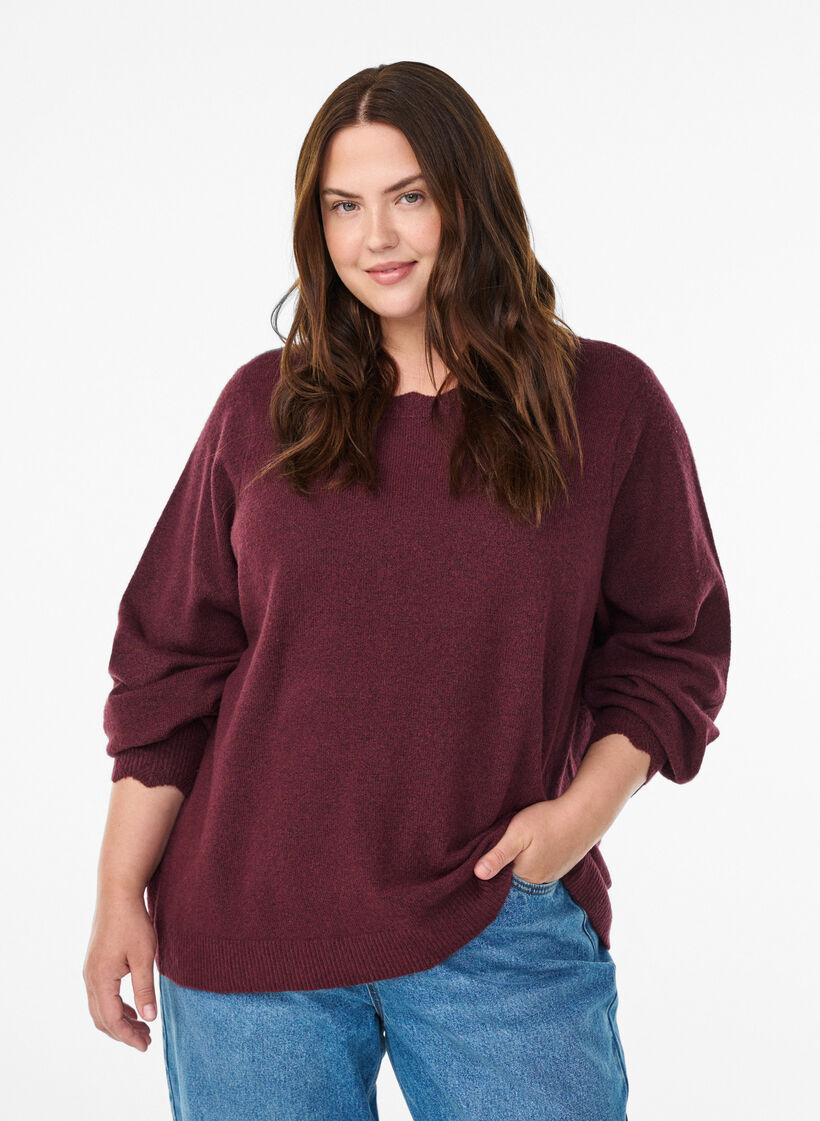 Blouse en maille &agrave; bords ondul&eacute;s, Bordeaux fonc&eacute;, Model image number 0