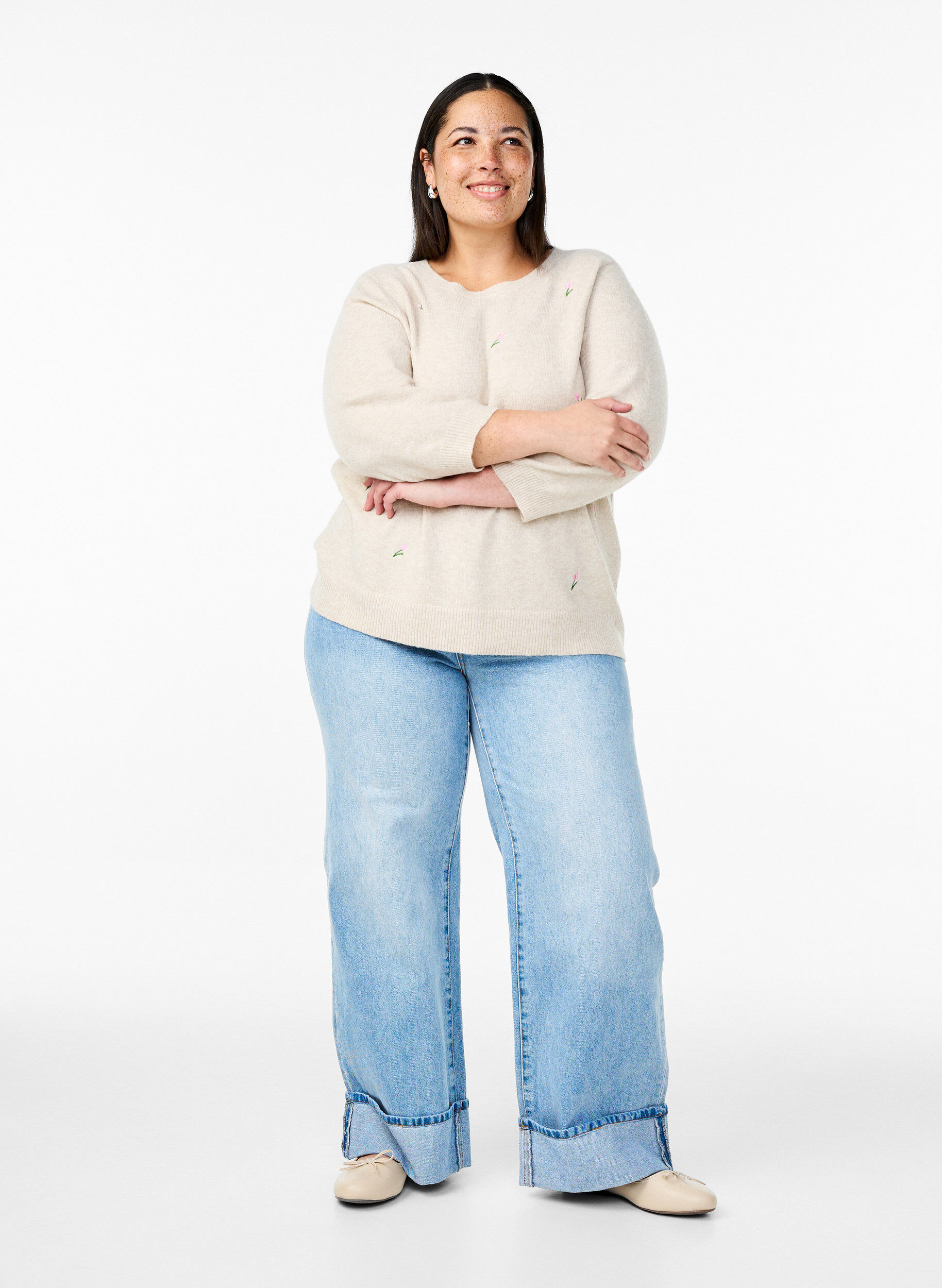 Zizzi Chemisier en maille avec fleurs et manches 3/4, Pumice Stone Mel., Model image number 2