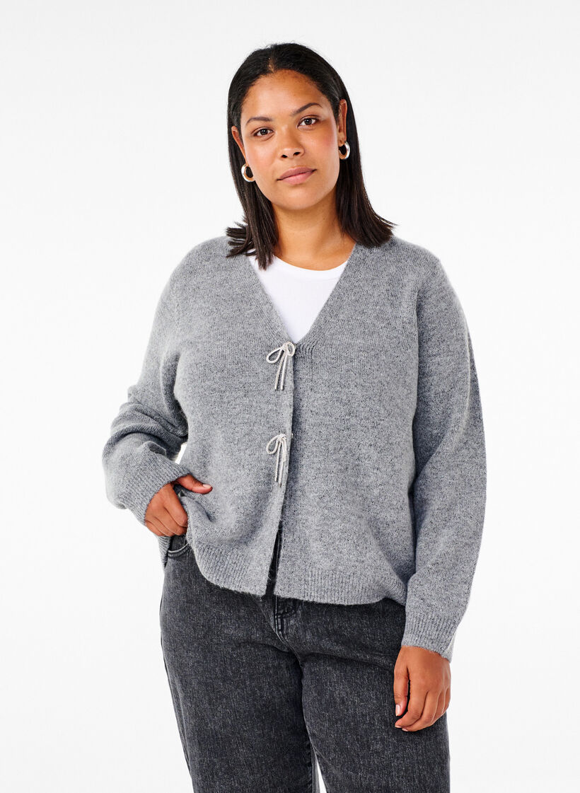 Cardigan tricoté avec un nœud en argent, Medium Grey Melange, Model image number 0
