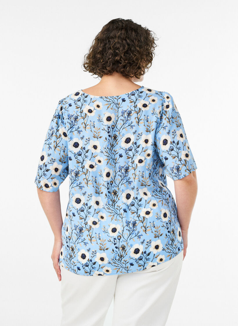 Gebl&uuml;mte Bluse mit kurzen &Auml;rmeln, Blau, Model image number 2