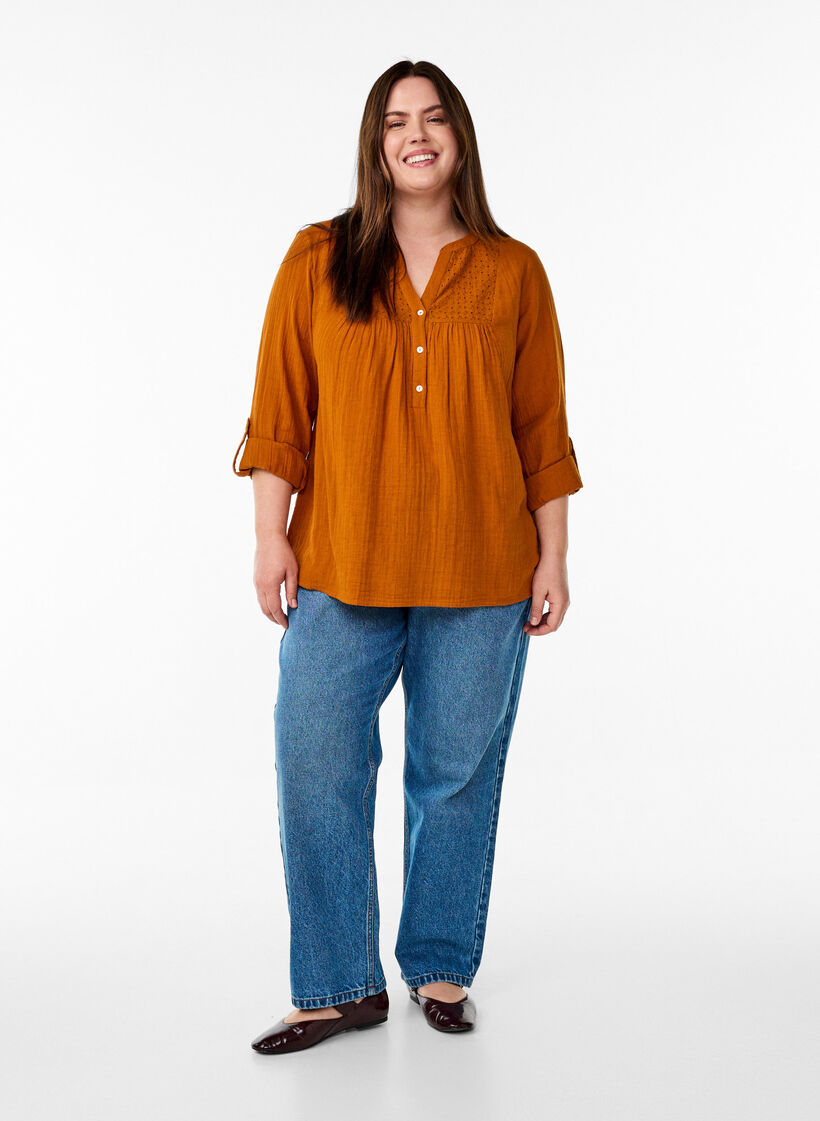 Bluse aus Baumwollmusselin mit Lochstickerei, Orange, Model image number 1