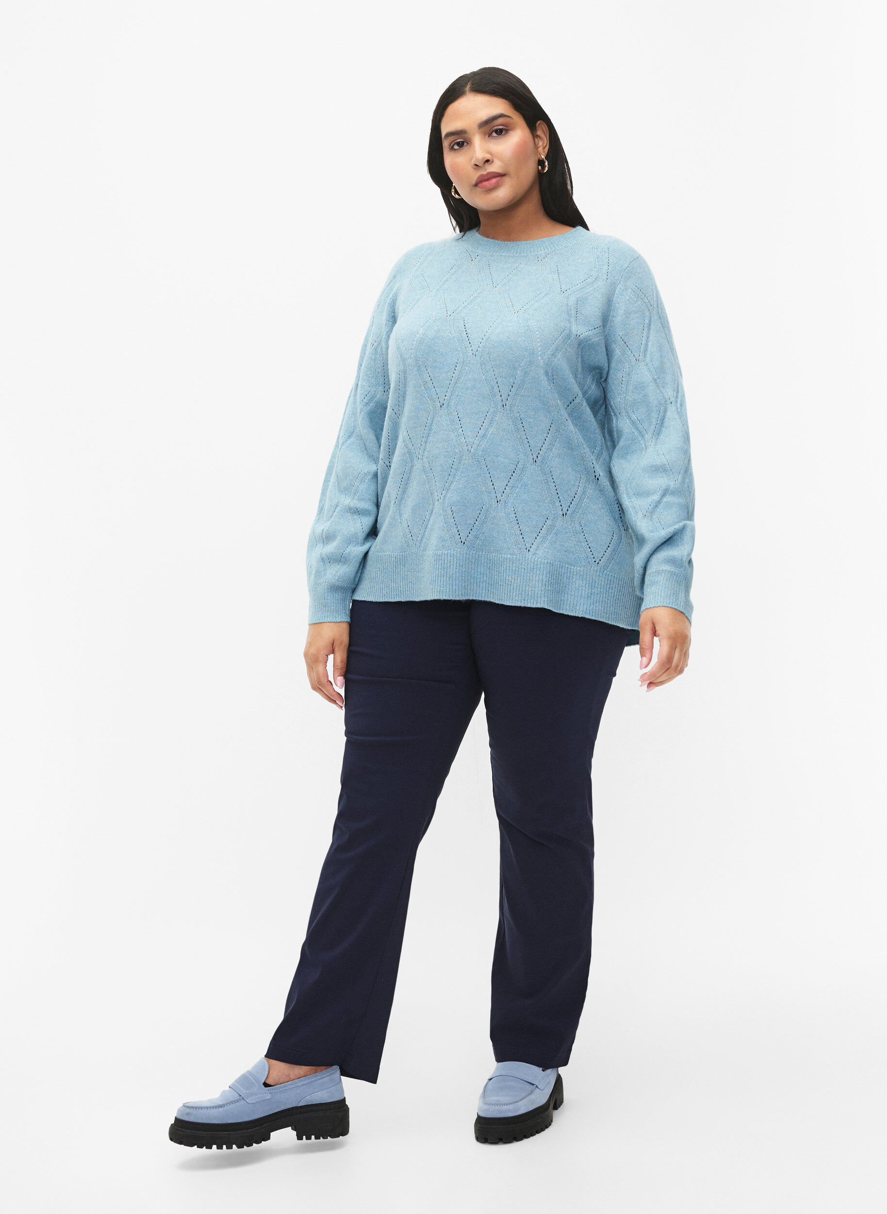 Zizzi Gestrickter Pullover mit Lochmuster, Reef Waters Mel., Model image number 2