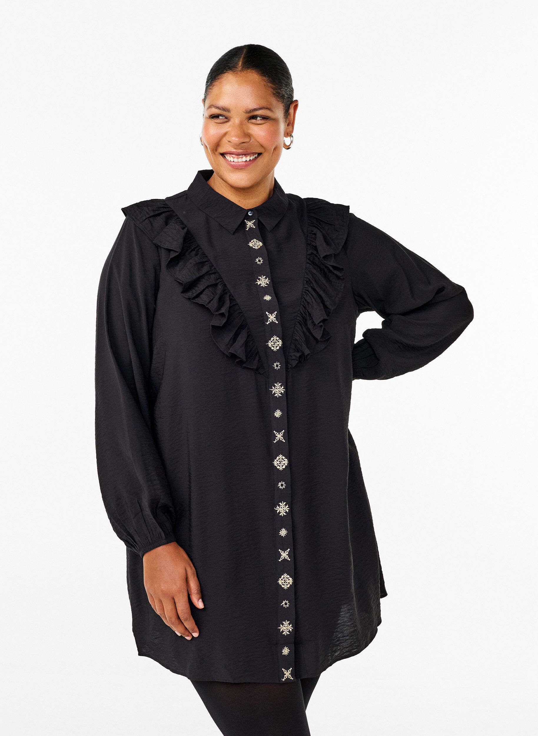 Zizzi Hemdblusenkleid mit R&uuml;schen und Stickereien, Black, Model image number 0
