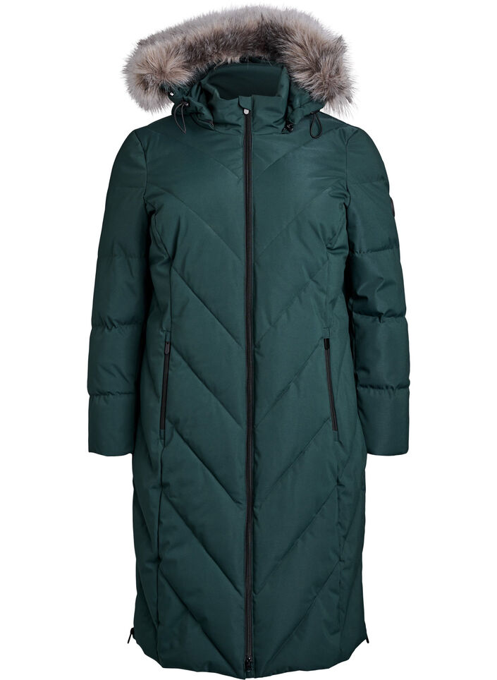 Long manteau d'hiver &agrave; fermeture &agrave; attaches et col en fausse fourrure, Vert fonc&eacute;, Packshot image number 0