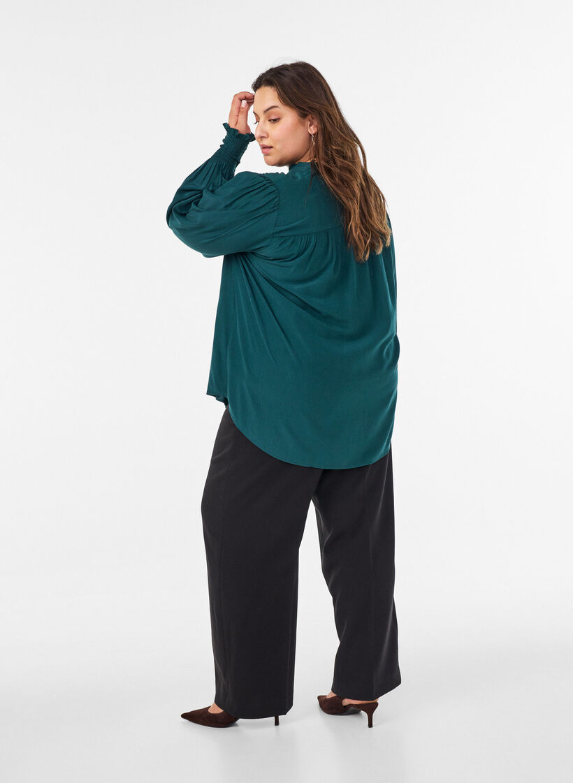 Blouse avec col &agrave; volants et fronces, Vert fonc&eacute;, Model image number 2