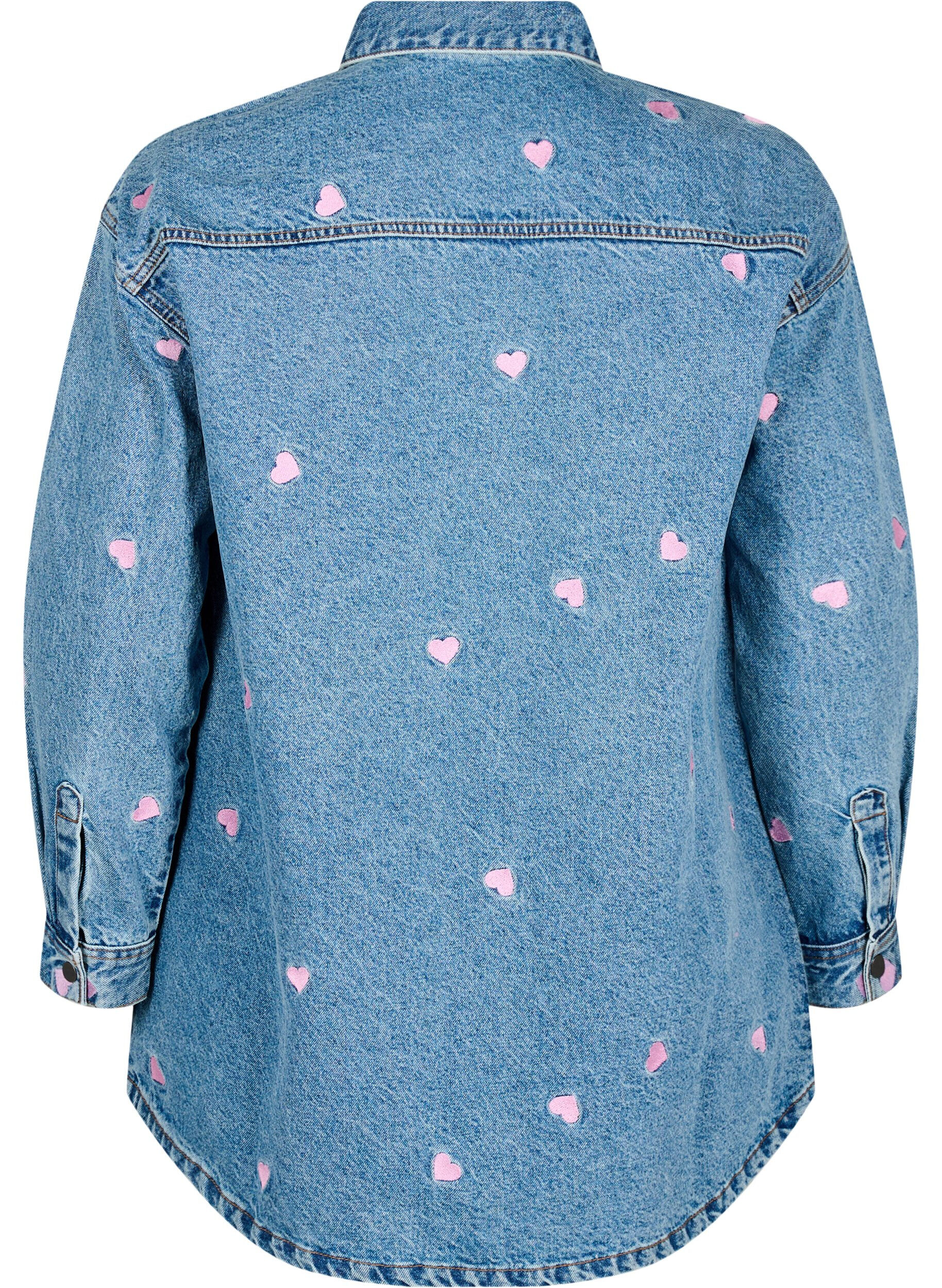 Zizzi Chemise ample en jean avec c&oelig;urs brod&eacute;s, Light Blue Heart, Packshot image number 1