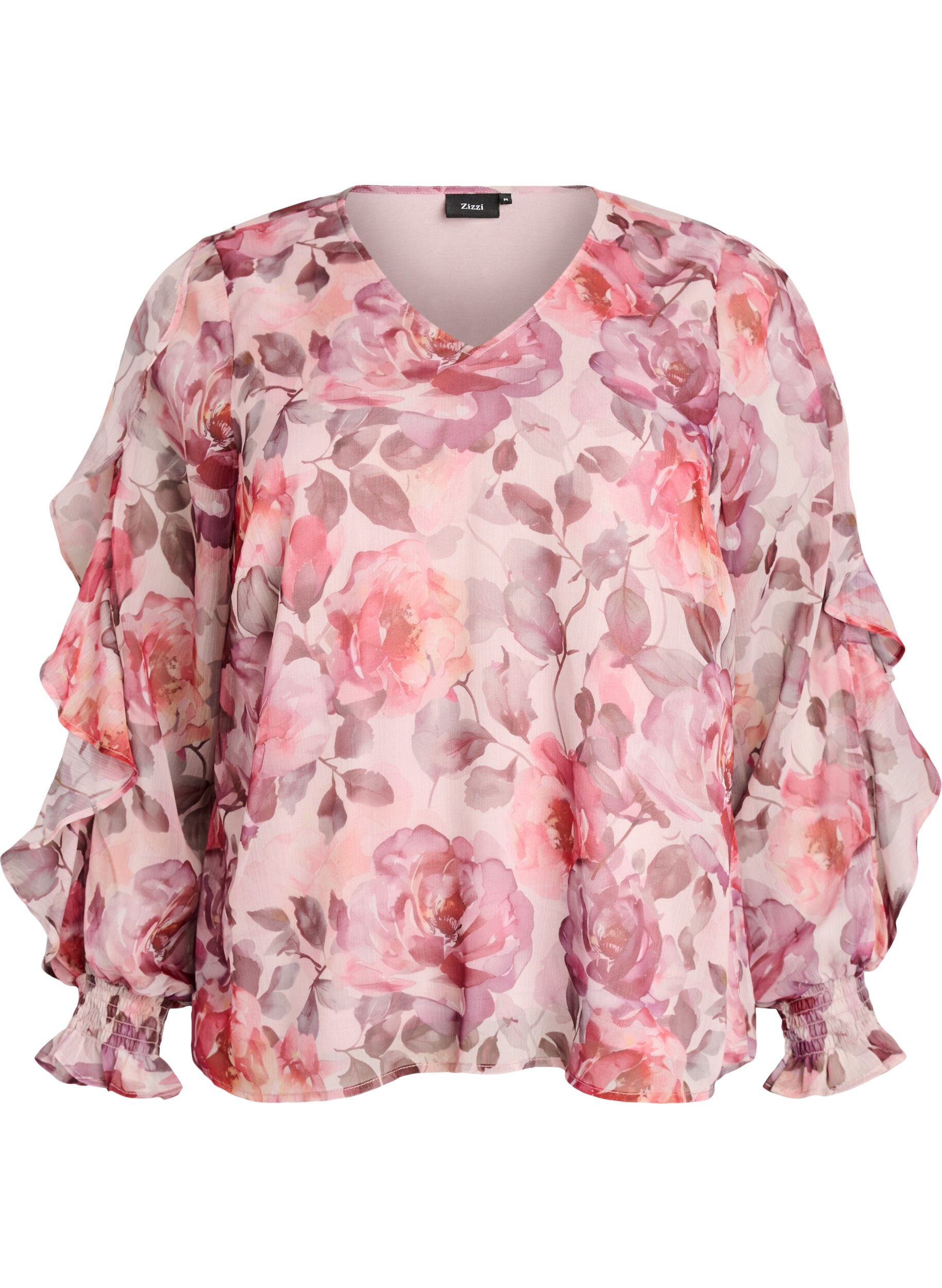 Zizzi Blouse fleurie avec col en V et manches &agrave; volants, Rose, Packshot image number 0