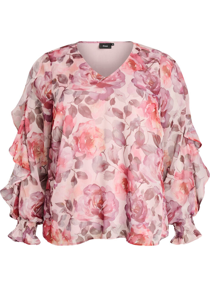 Blouse fleurie avec col en V et manches &agrave; volants, Rose, Packshot image number 0
