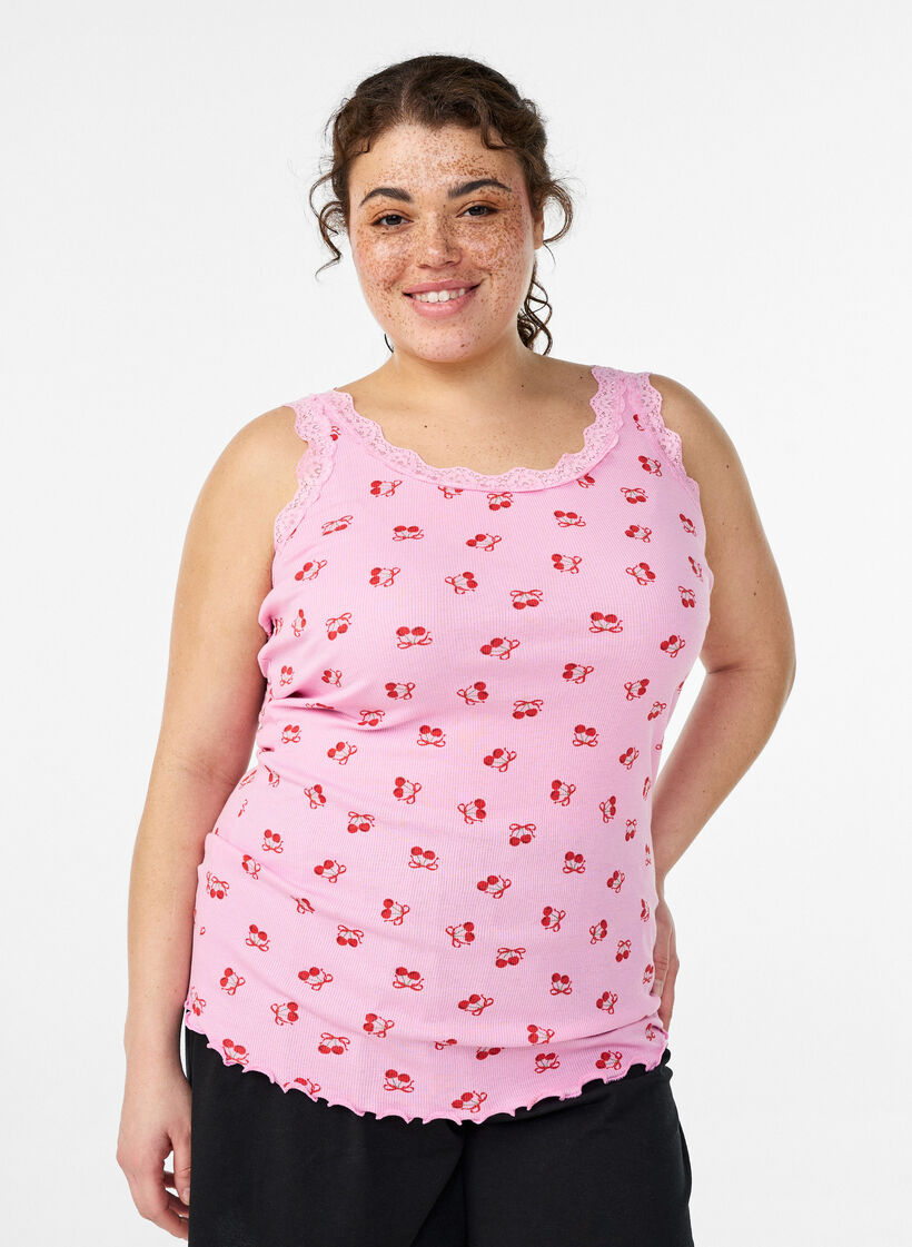 Oberteil mit Aufdruck und Spitzenborte, Pink, Model image number 0
