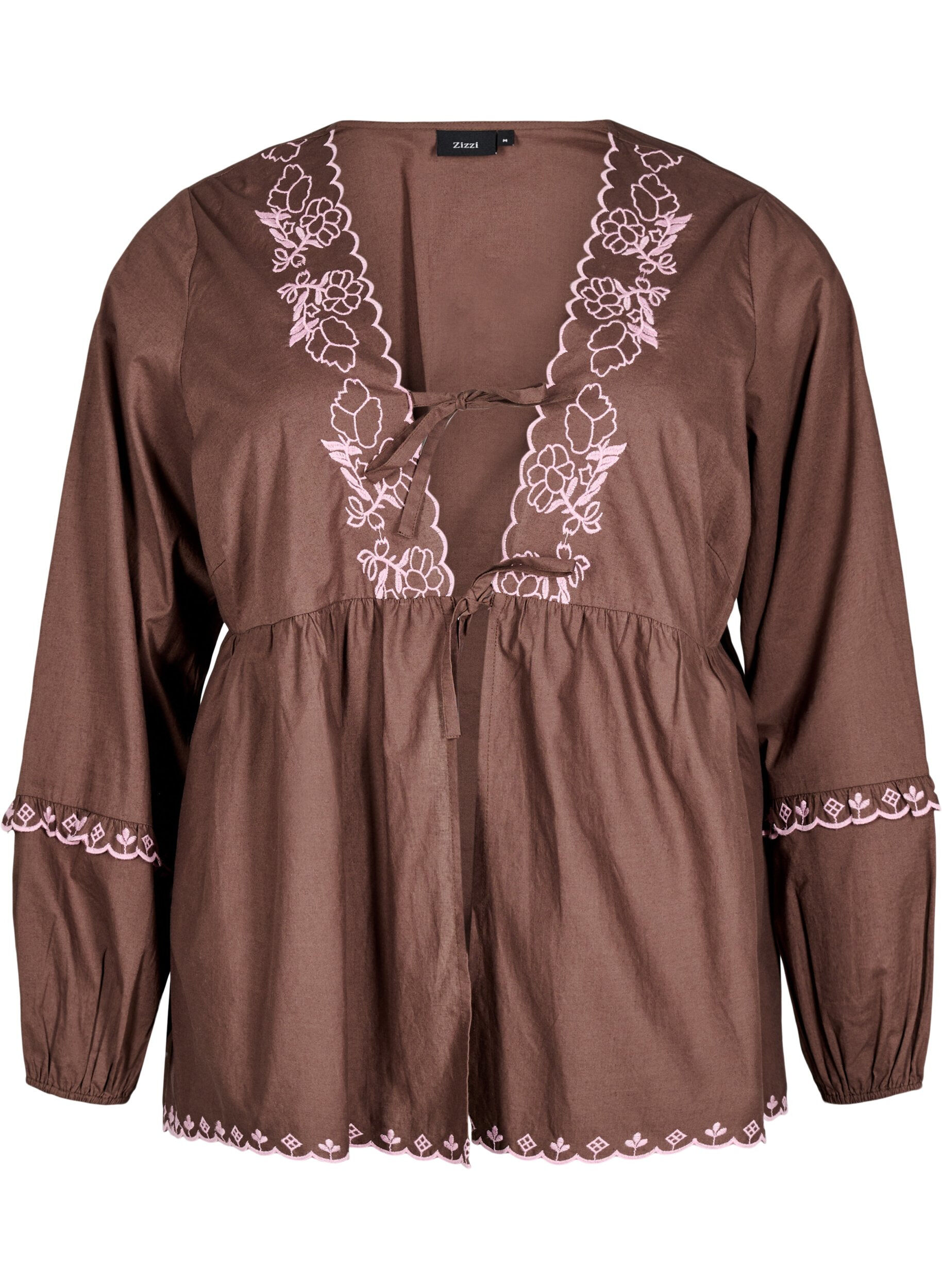 Zizzi Bluse mit offener Vorderseite und aufwendigen Stickereien, Braun, Packshot image number 0