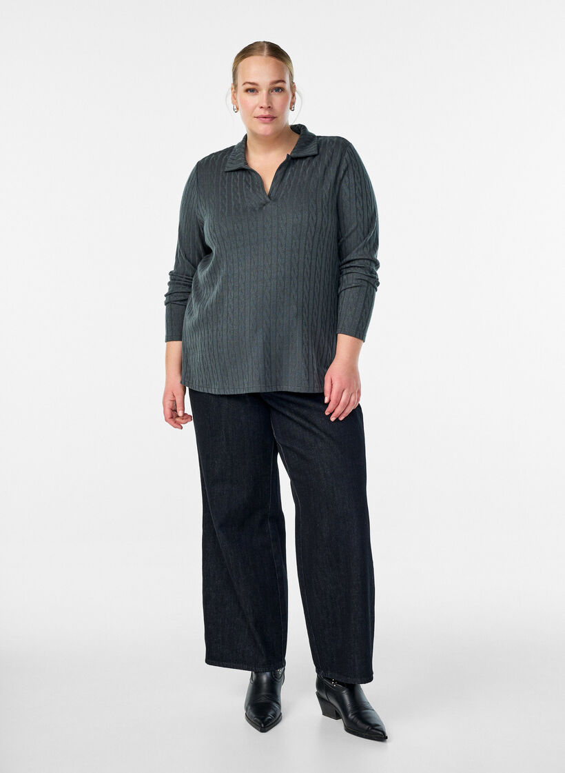 Strickbluse mit Kragen und Zopfmuster, Grün, Model image number 1