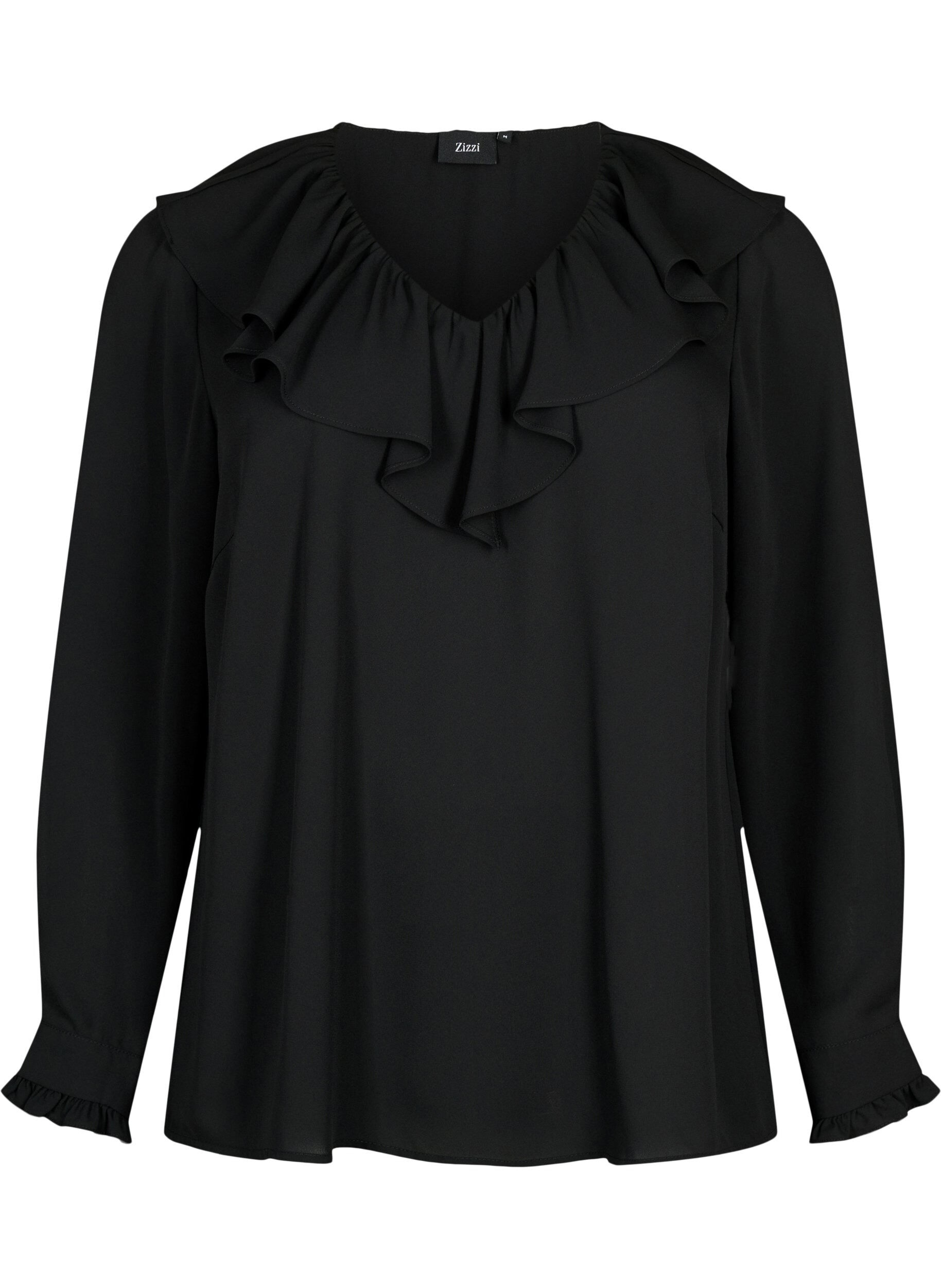 Zizzi Blouse &agrave; manches longues &agrave; volants, Black, Packshot image number 0
