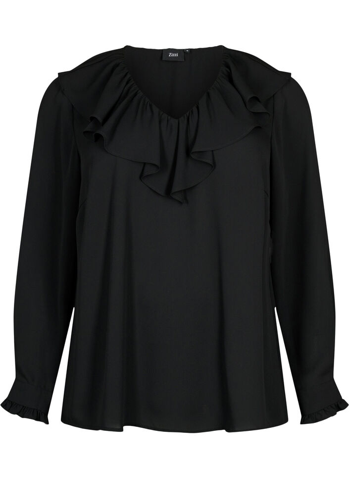 Blouse à manches longues à volants, Black, Packshot image number 0