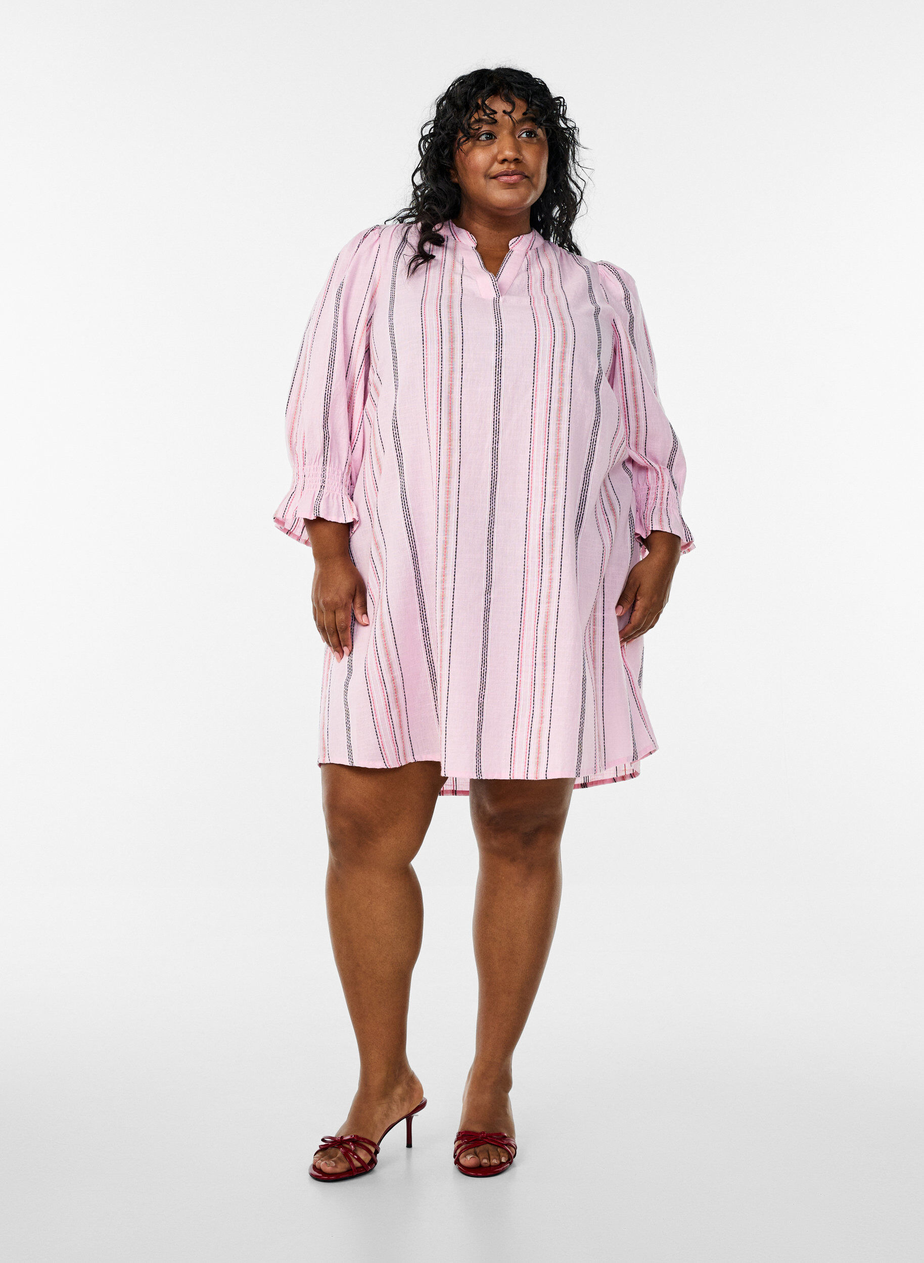 Zizzi Robe courte en coton &agrave; rayures, Rose, Model image number 1