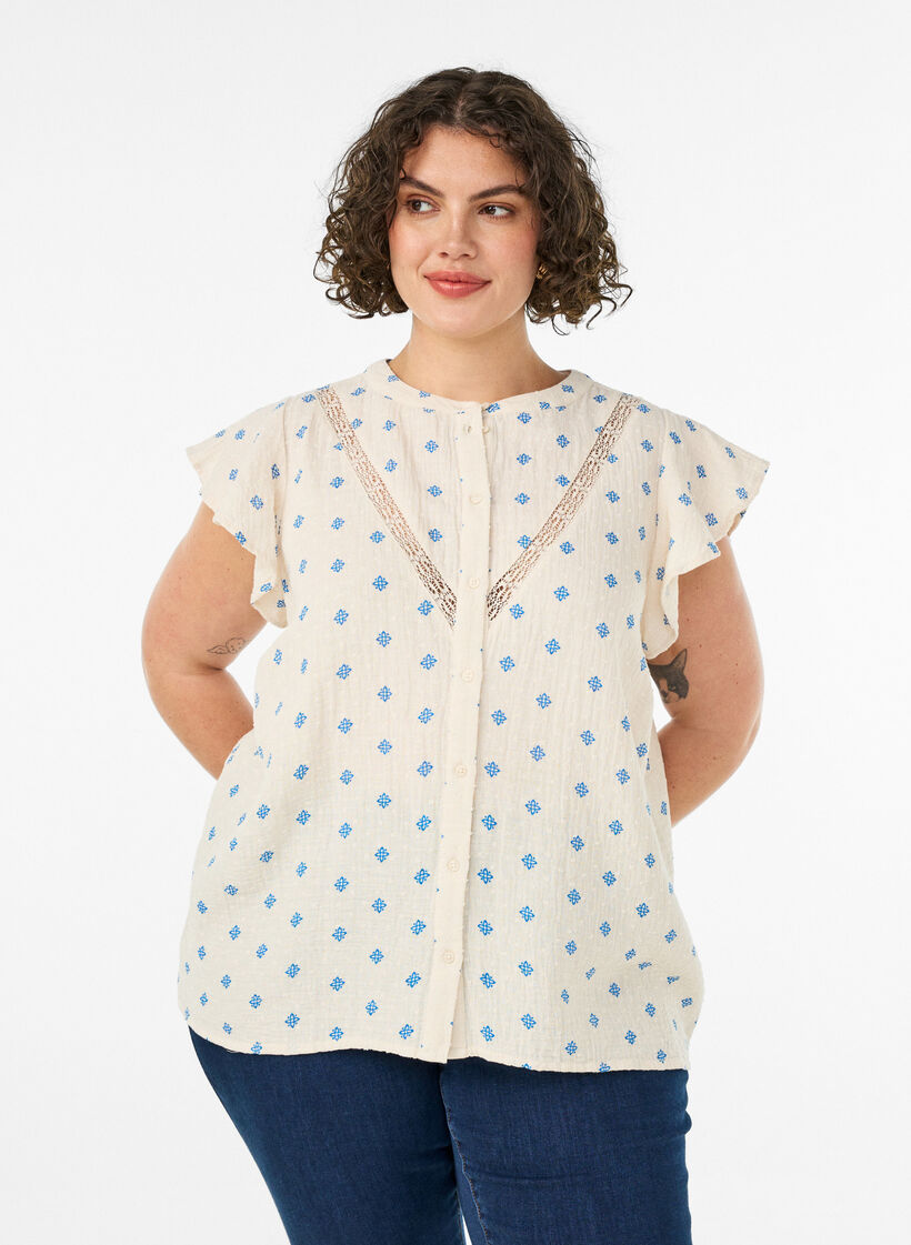 Blouse sans manches avec d&eacute;tails en crochet et volants, Beige, Model image number 0