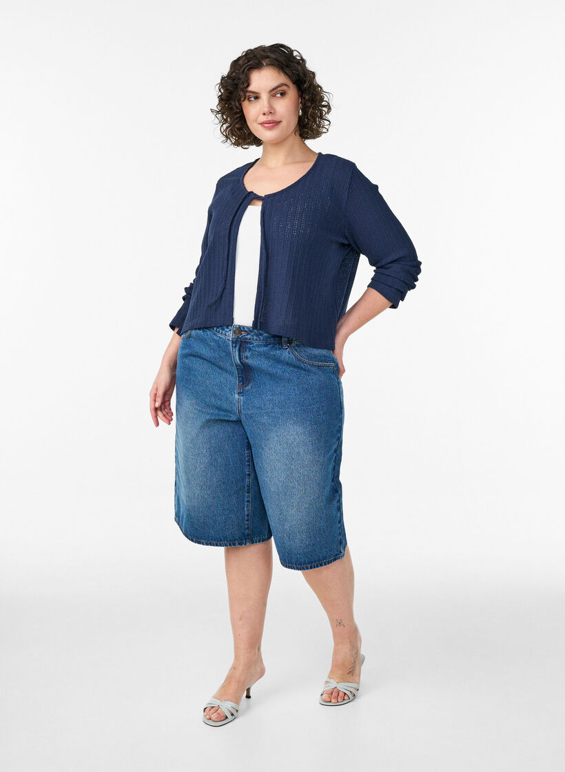 Strickjacke aus Jersey mit Struktur und Bindedetail vorne, Blau, Model image number 1