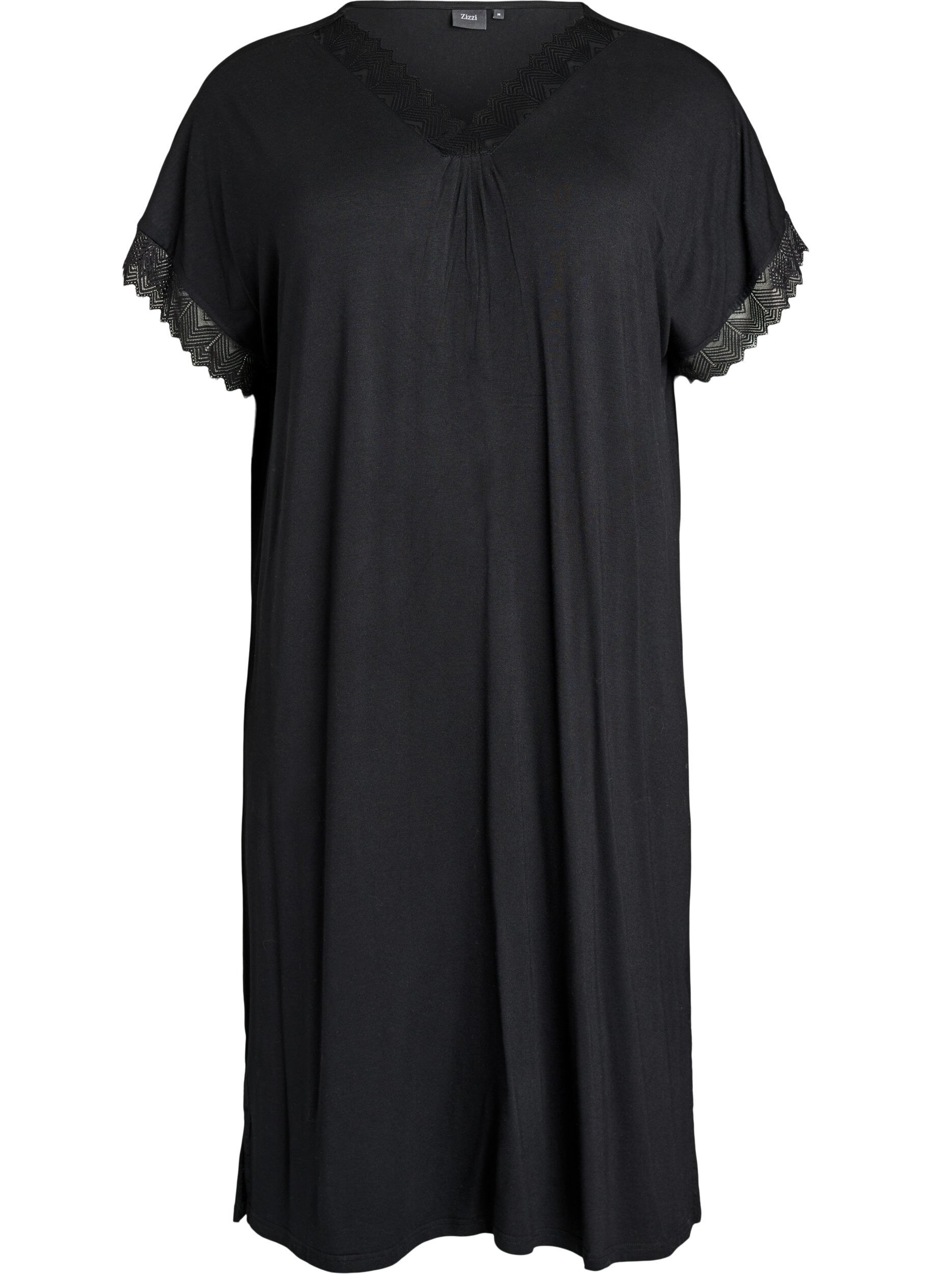 Zizzi Chemise de nuit en viscose manches courtes dentelle, Noir, Packshot image number 0