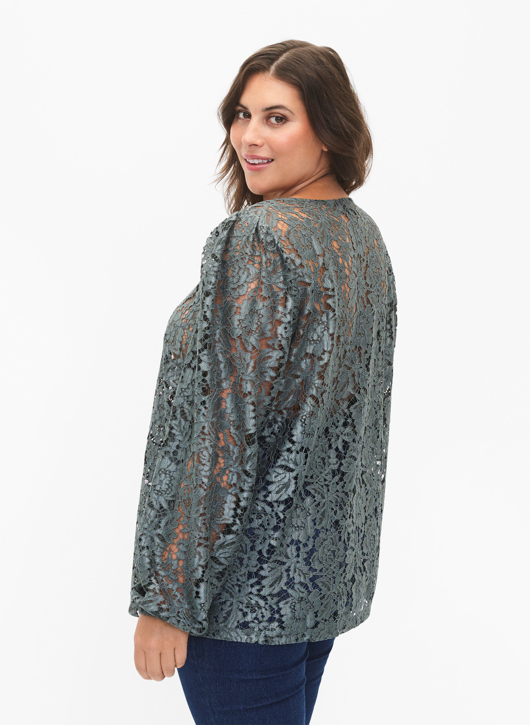 Zizzi FLASH &ndash; Blouse en dentelle &agrave; manches longues, Balsam Green, Model image number 1