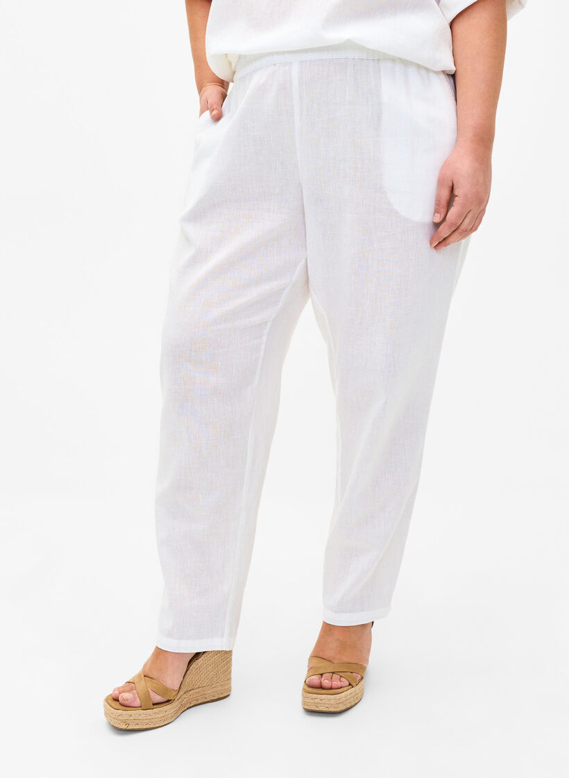 Pantalon en coton uni avec du lin, Bright White, Model image number 2