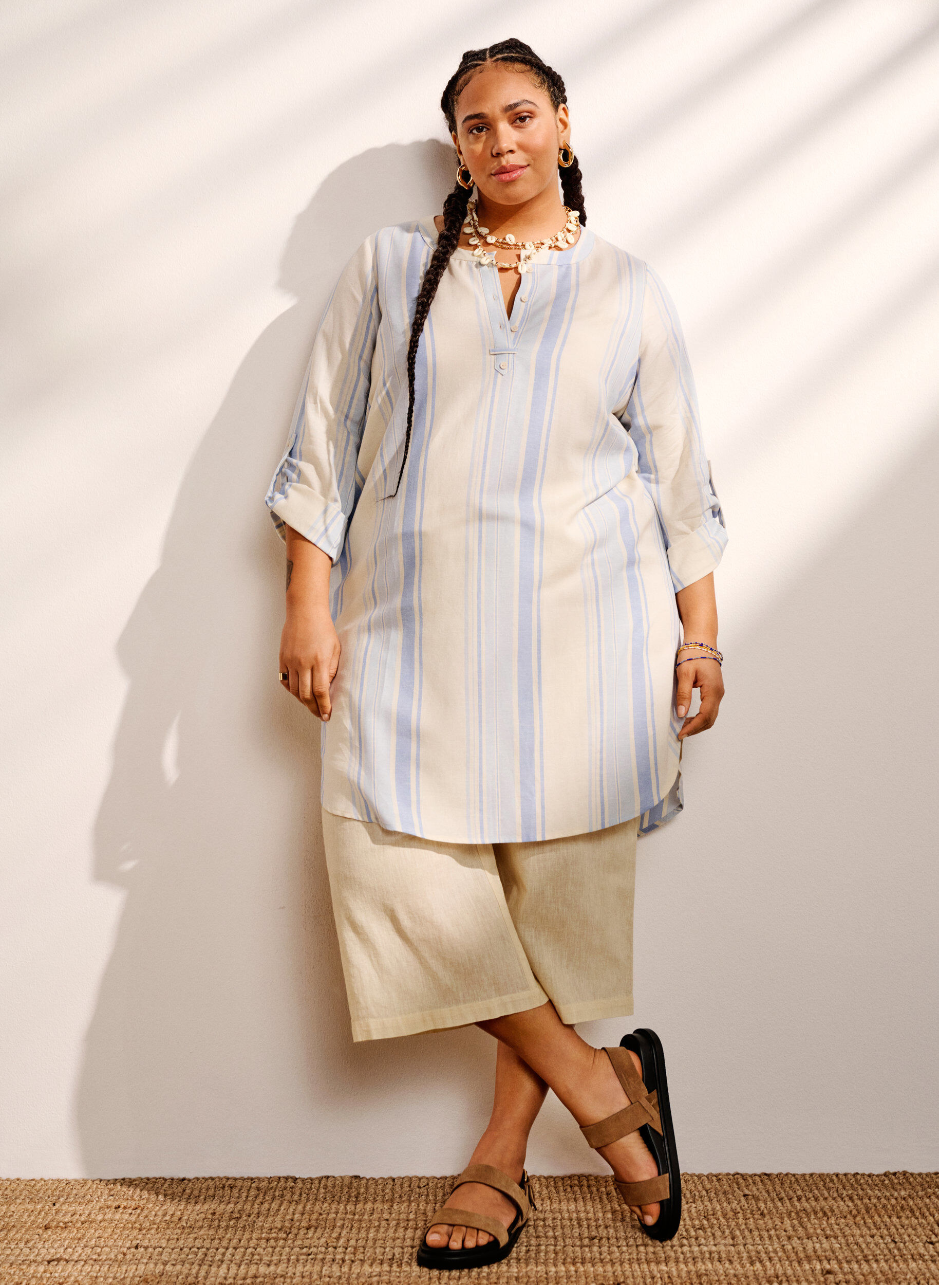 Zizzi Robe ray&eacute;e &agrave; manches longues, Birch w. Stripes, Image image number 0