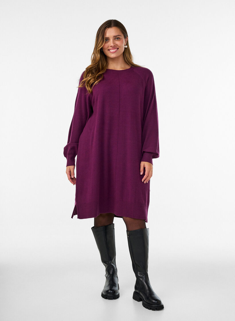 Robe courte en maille &agrave; manches raglan et couture centrale, Bordeaux, Model image number 1
