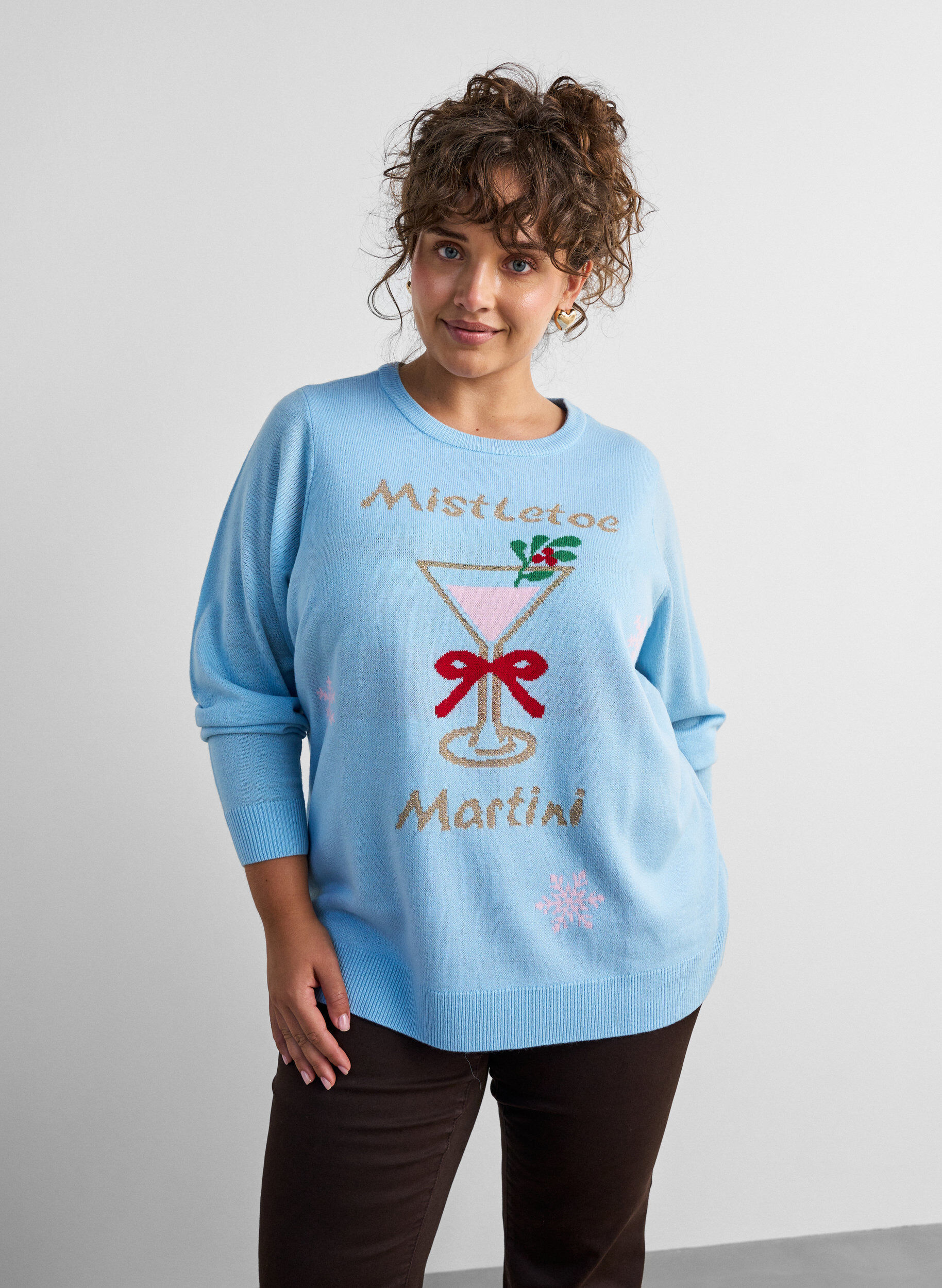 ZizziBlouse en maille avec motif de No&euml;l, Bleu Clair, Model image number 0