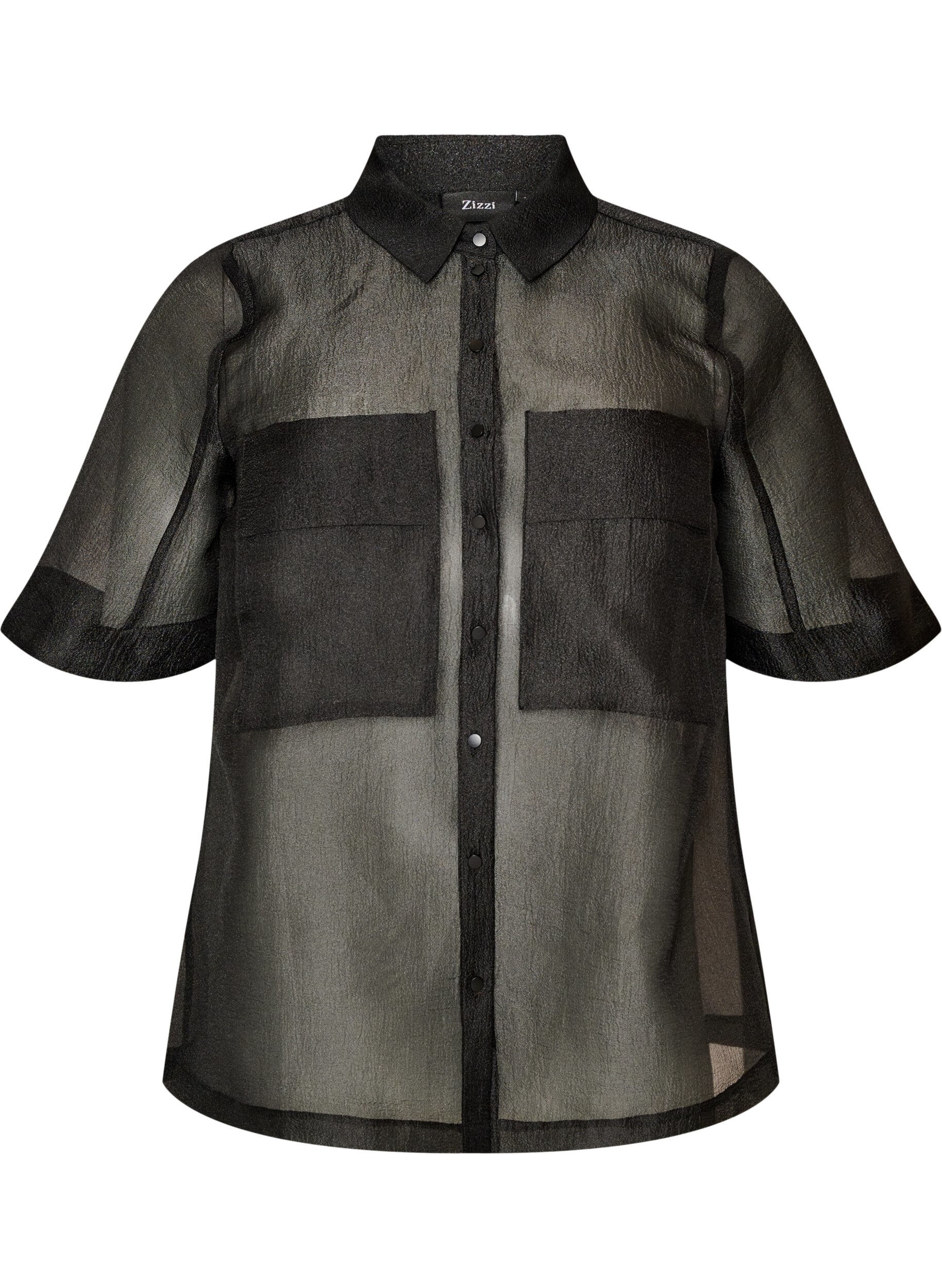 Transparente kurz&auml;rmelige Bluse mit Brusttaschen