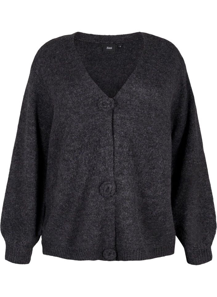 Kurze Strickjacke mit Blumenknöpfen, Dark Grey Melange, Packshot image number 0