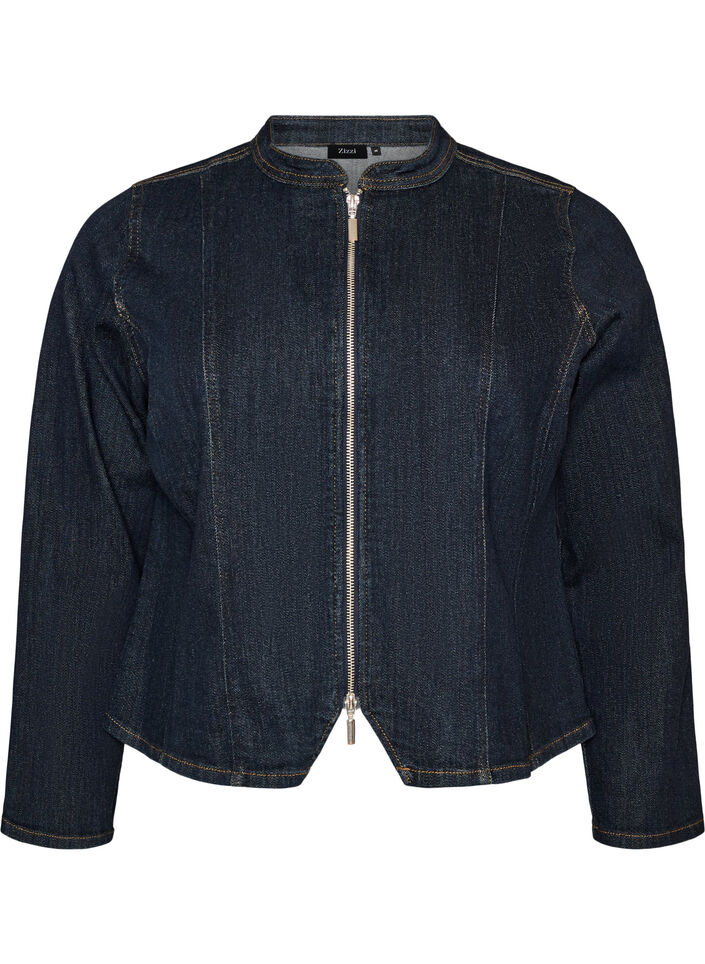 Veste en denim ajust&eacute;e avec fermeture zipp&eacute;e, Bleu, Packshot image number 0