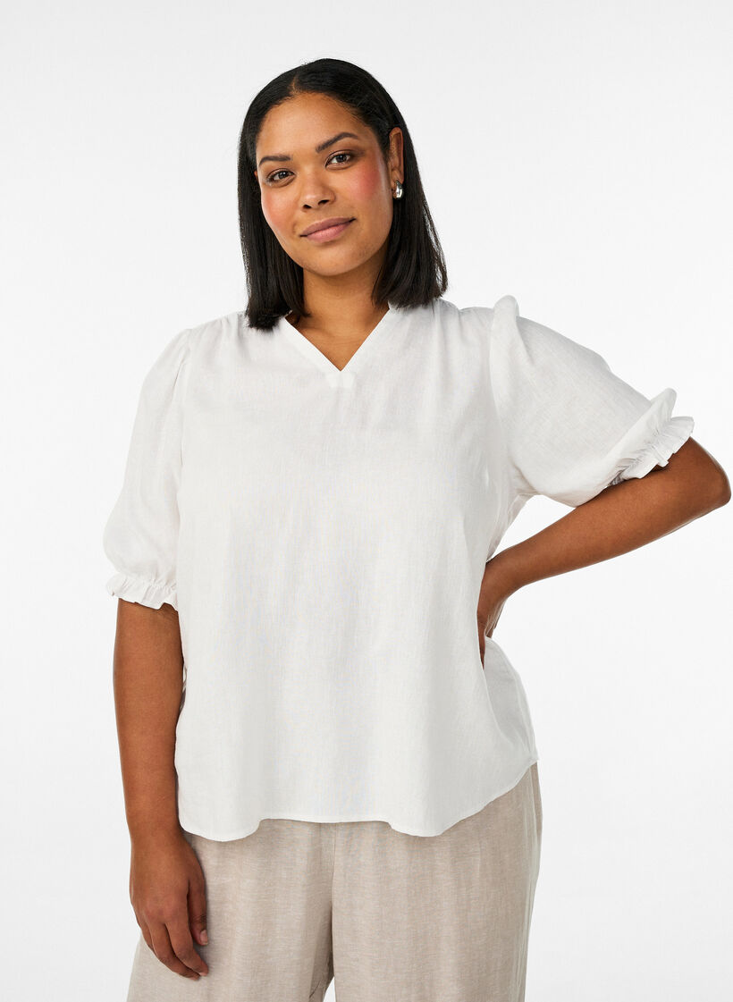 Blouse en lin et viscose avec manches 1/2, Blanc, Model image number 0