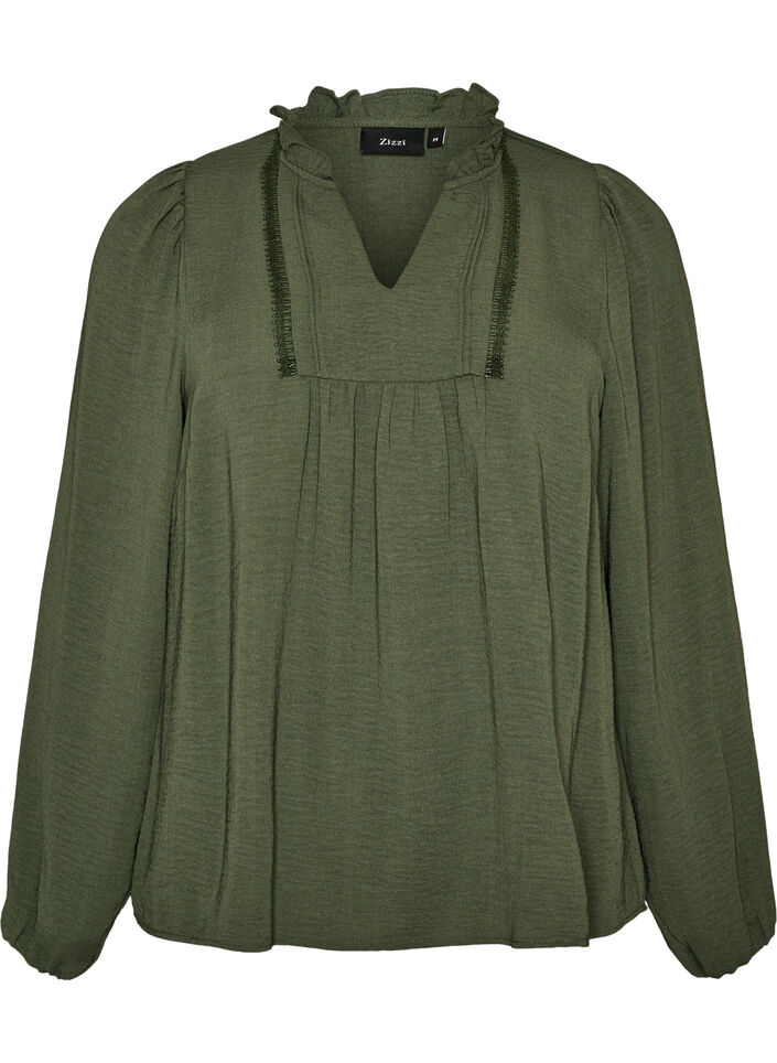 Blouse avec col en V et bande en crochet, Vert, Packshot image number 0