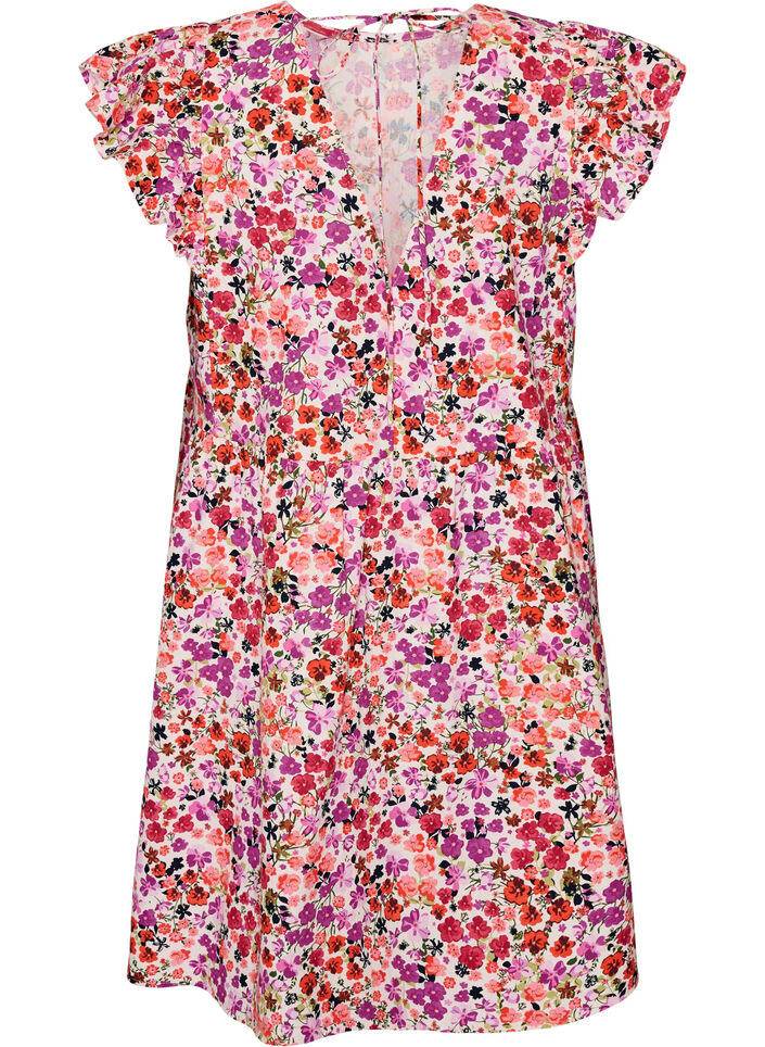 Robe fleurie en coton avec volants et col en V, Rose, Packshot image number 1