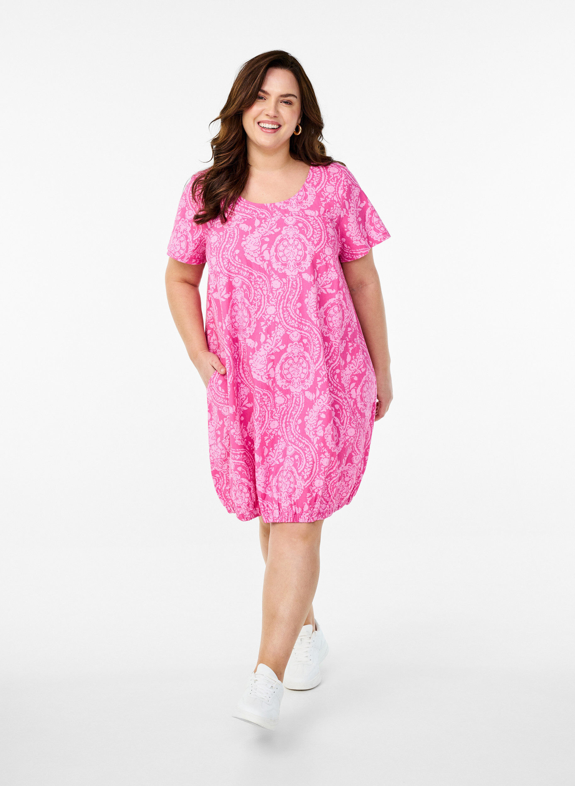 ZizziKurz&auml;rmliges Baumwollkleid mit Aufdruck, Pink, Model image number 1