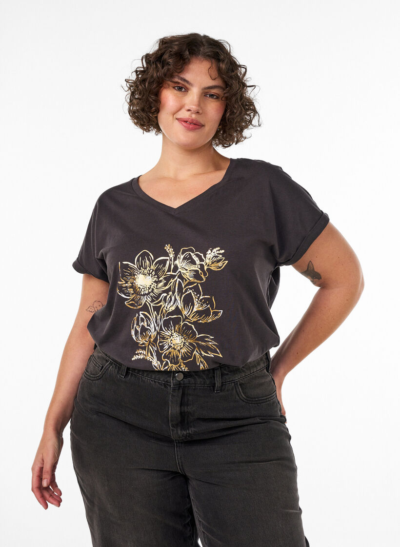 T-shirt en coton avec imprim&eacute; dor&eacute;, Gris anthracite, Model image number 0