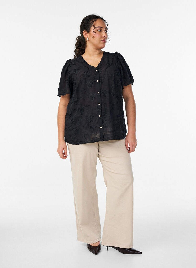 Bluse mit kurzen &Auml;rmeln und 3D-Bl&uuml;tenmuster, Black, Model image number 1