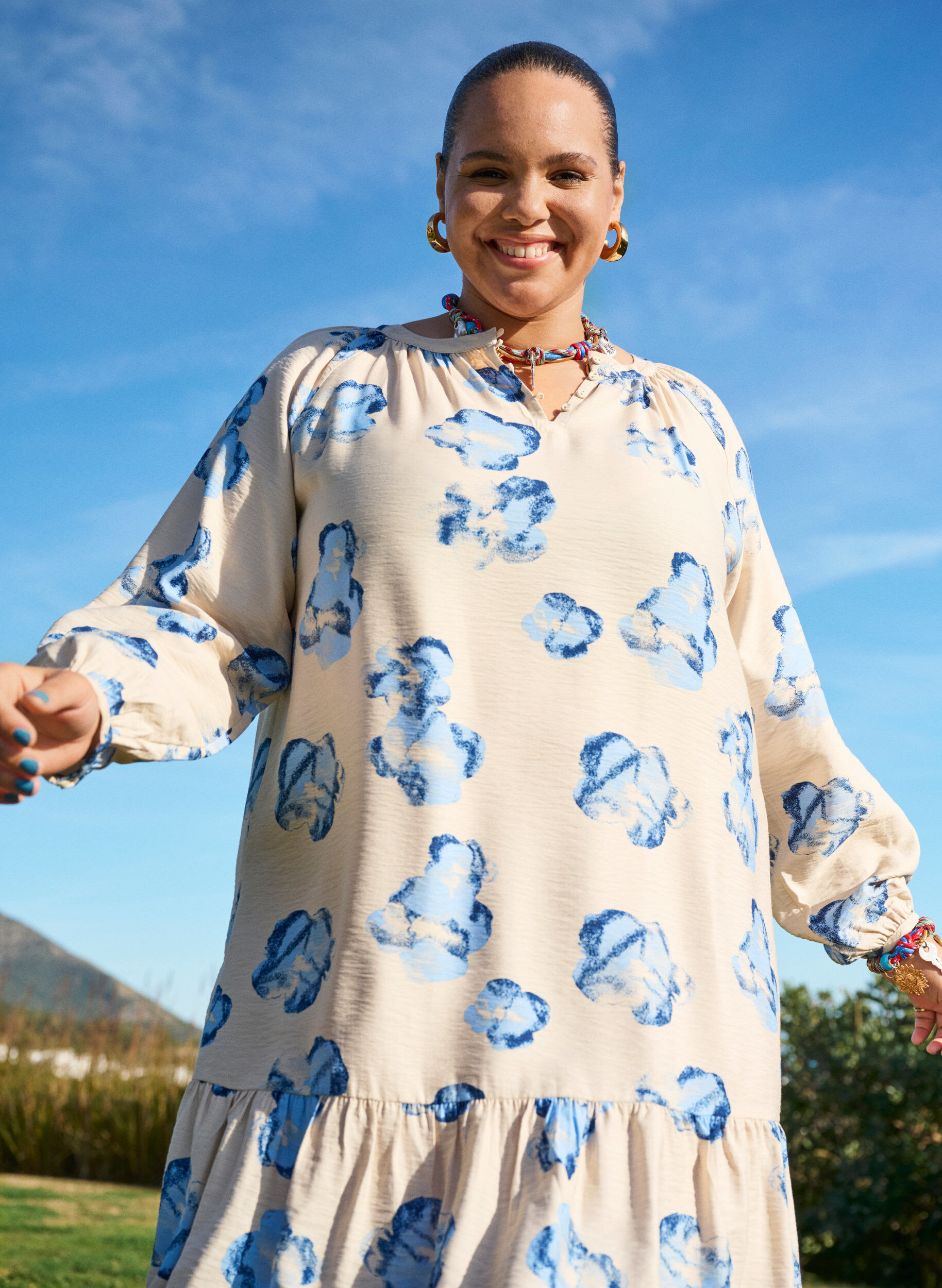 Zizzi Midikleid mit langen &Auml;rmeln und A-Linie, Vanille, Image image number 0