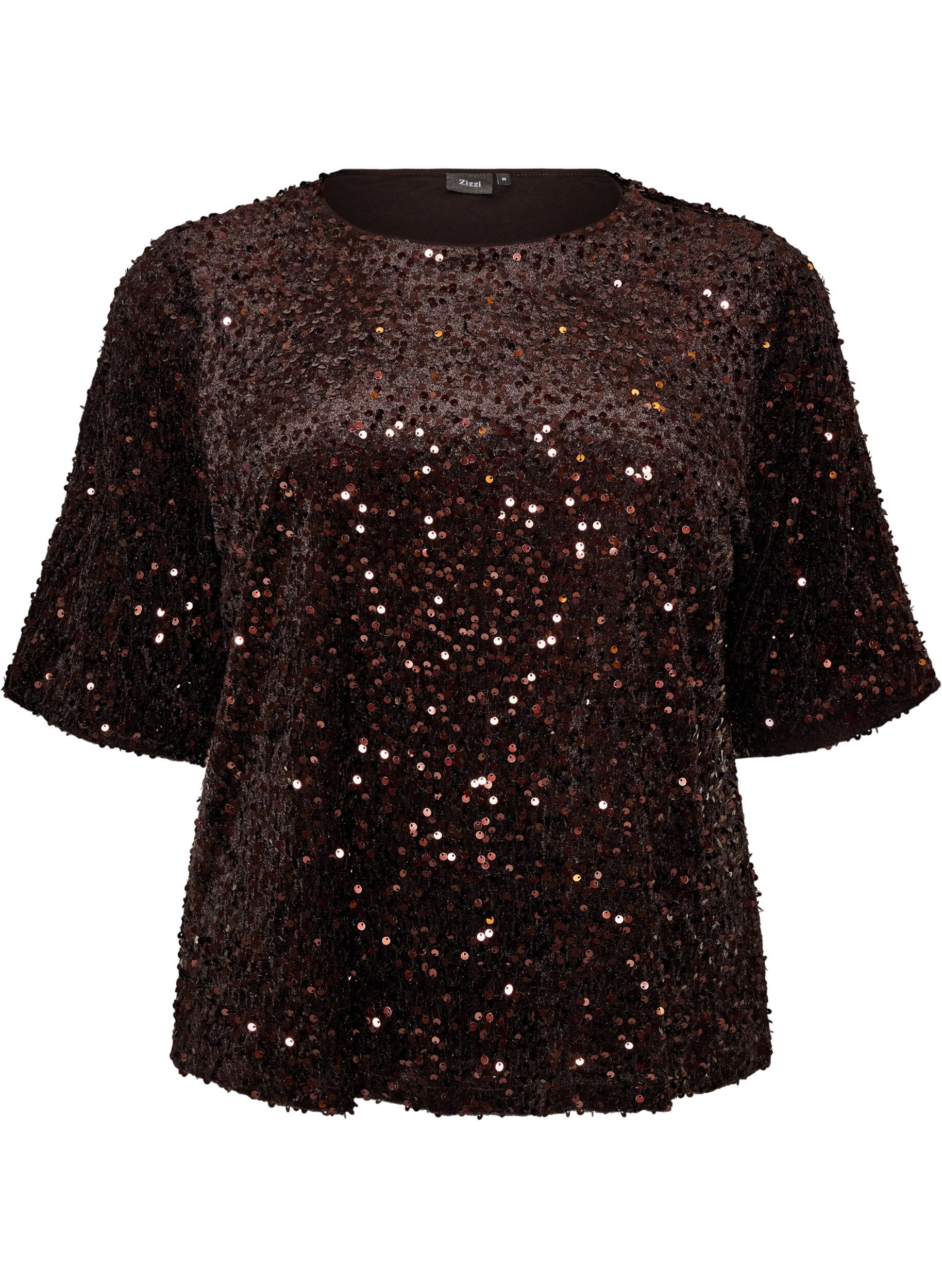 ZizziBluse mit Pailletten und ellenbogenlangen &Auml;rmeln, Braun, Packshot image number 0