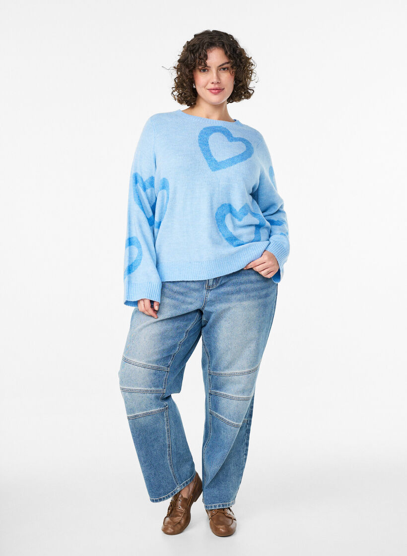 Blouse en maille avec grands cœurs et encolure ronde, Bleu, Model image number 1