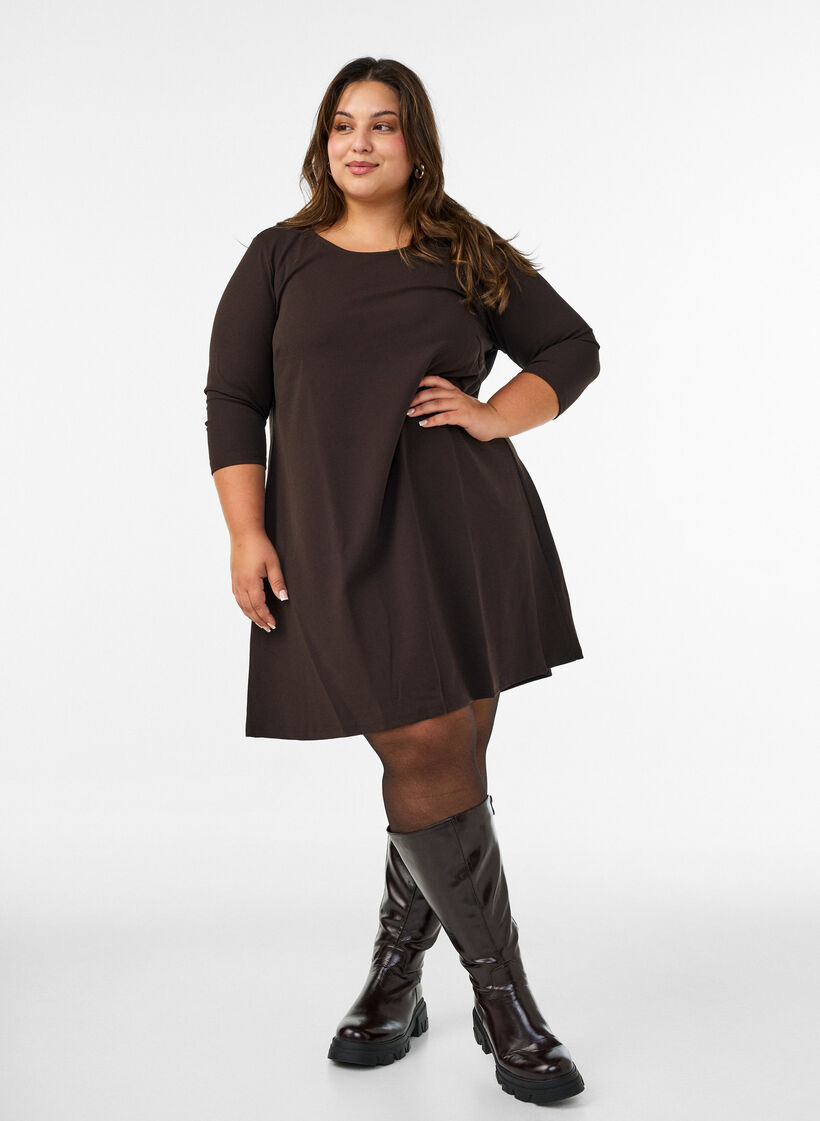 Short dress with an A-line shape and 3/4 sleeves, Brown, Model image number 1